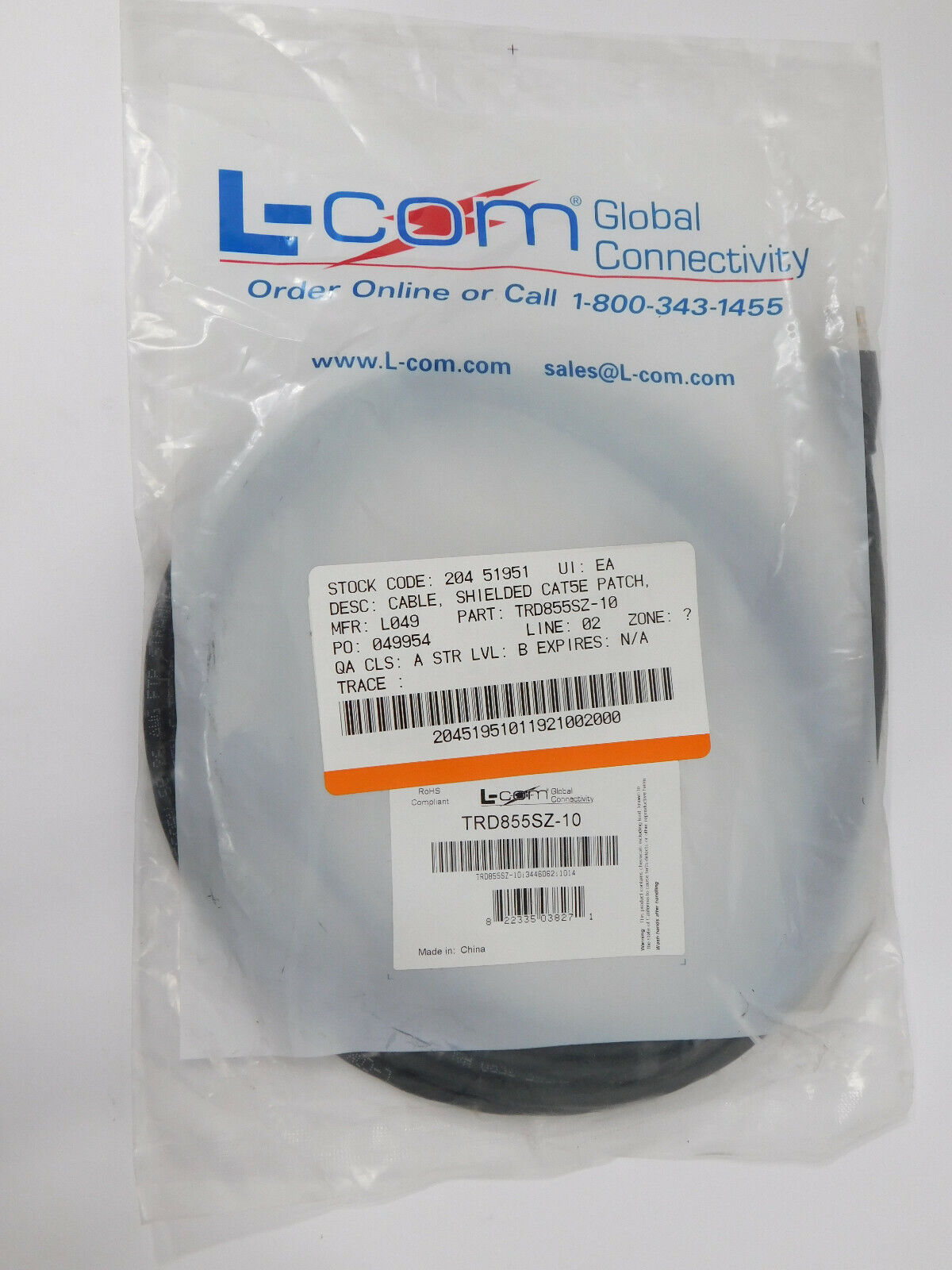 L-Com TRD855SZ-10 10 foot Shielded Patch Cable Opened Packaging