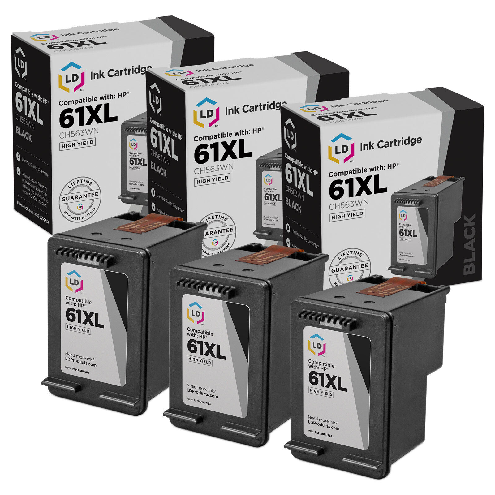 LD Reman Replacement Ink Cartridges for HP CH563WN (HP 61XL) HY Black 3pk