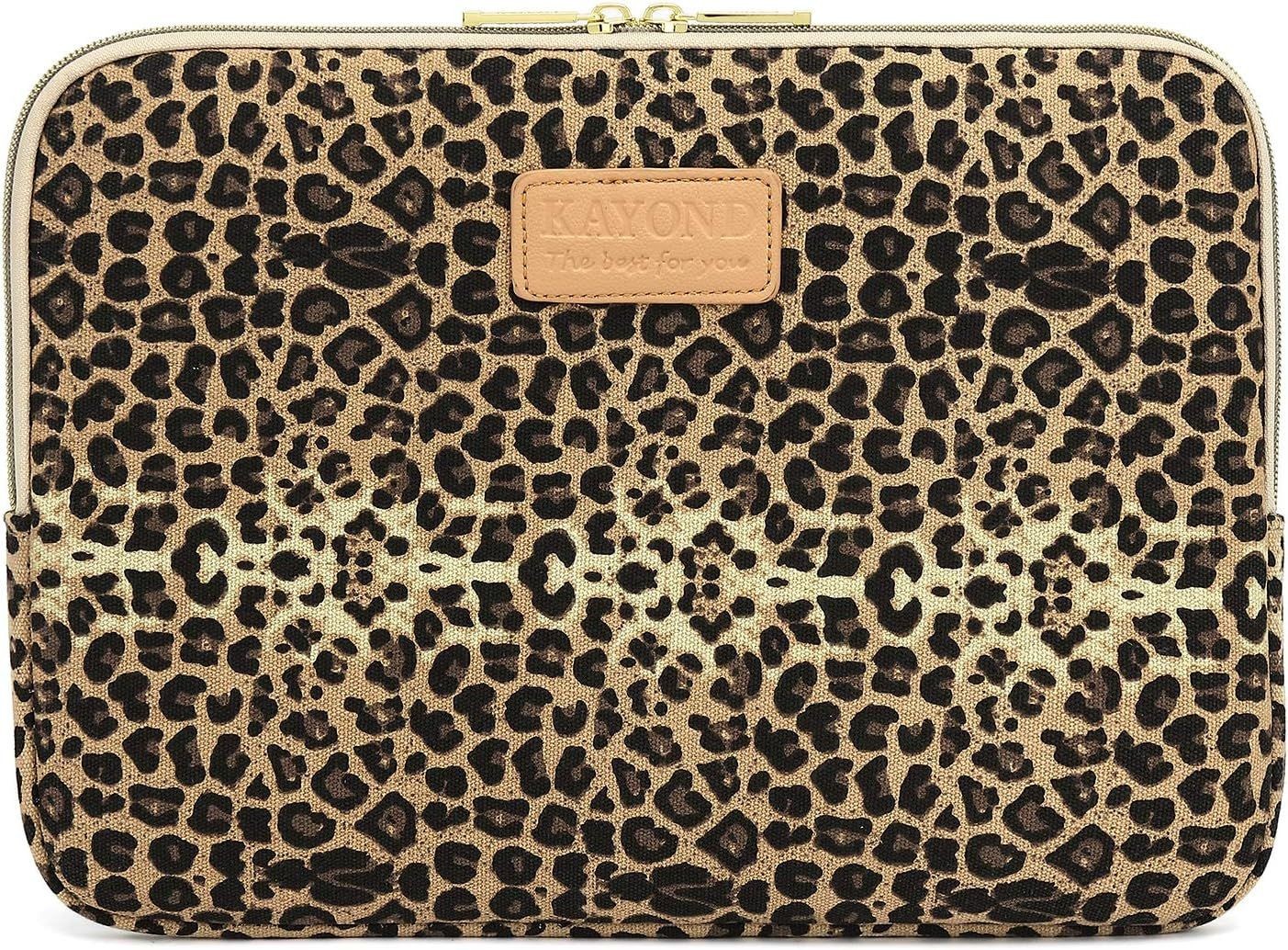 14.1 Inch Laptops Sleeve - KY-03 Canvas Fabric Brown Leopard Print