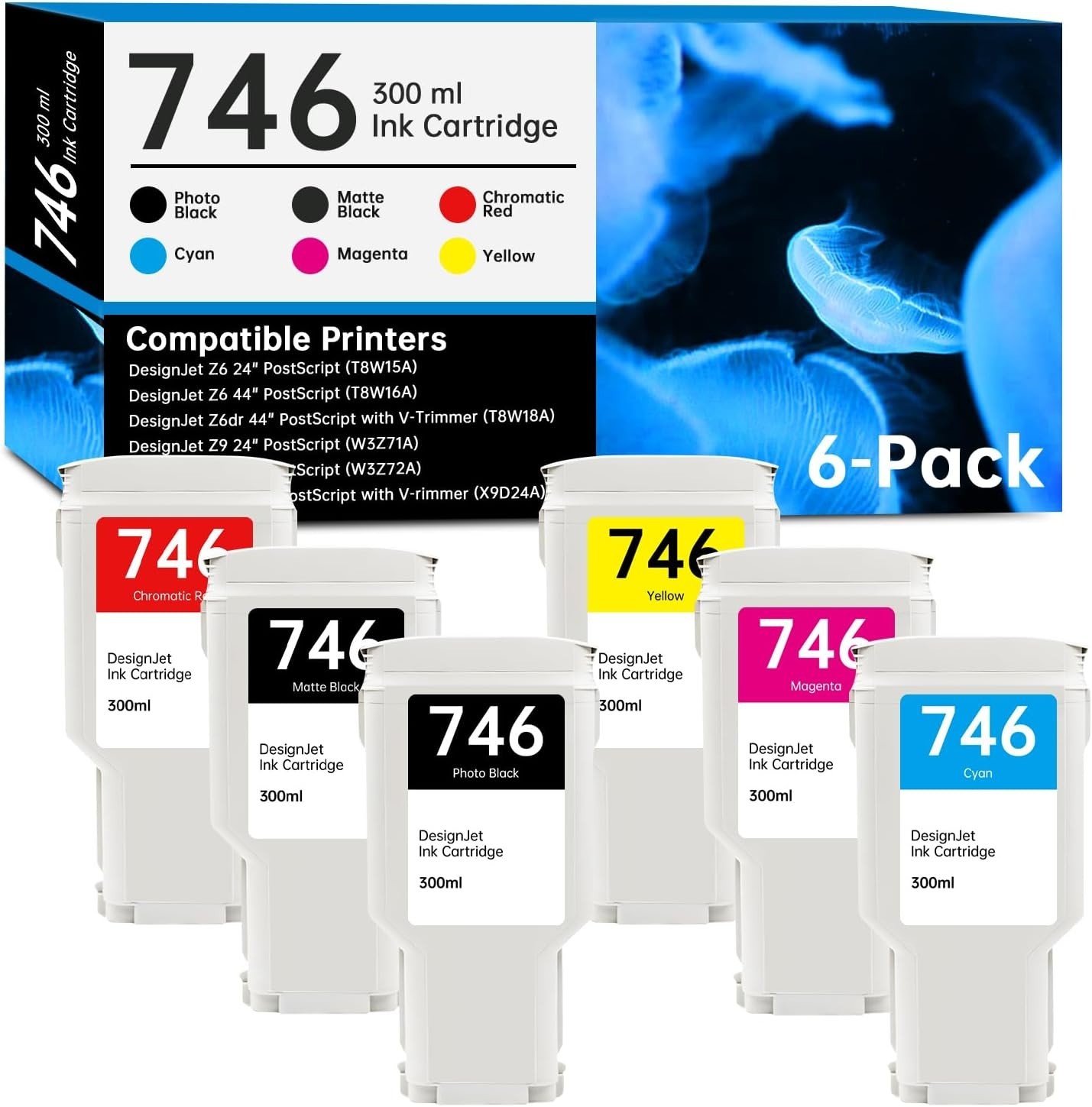 746 Ink Cartridge 300-ml Set with New Chip Replacement for HP 746 Ink Cartridge