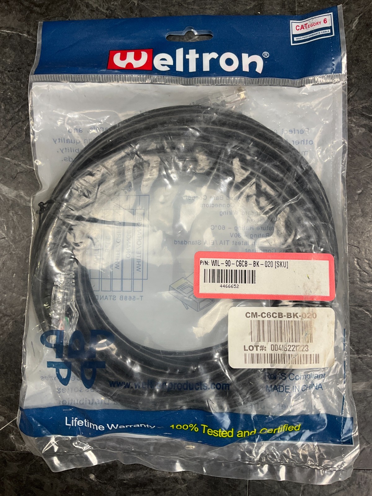 Weltron 20Ft Black Cat6 Snagless Patch Cable 90-C6CB-BK-020 💚❤️💚❤️ BRAND NEW