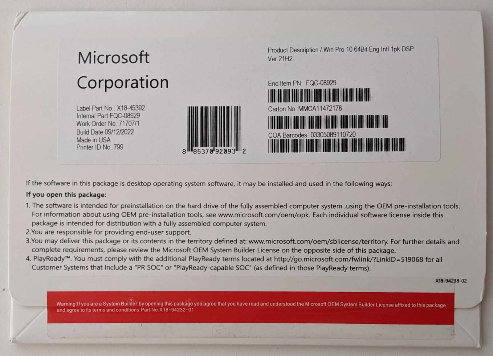 Windows Win 10 pro 64 bit installation DVD with Genuine License Product Key New