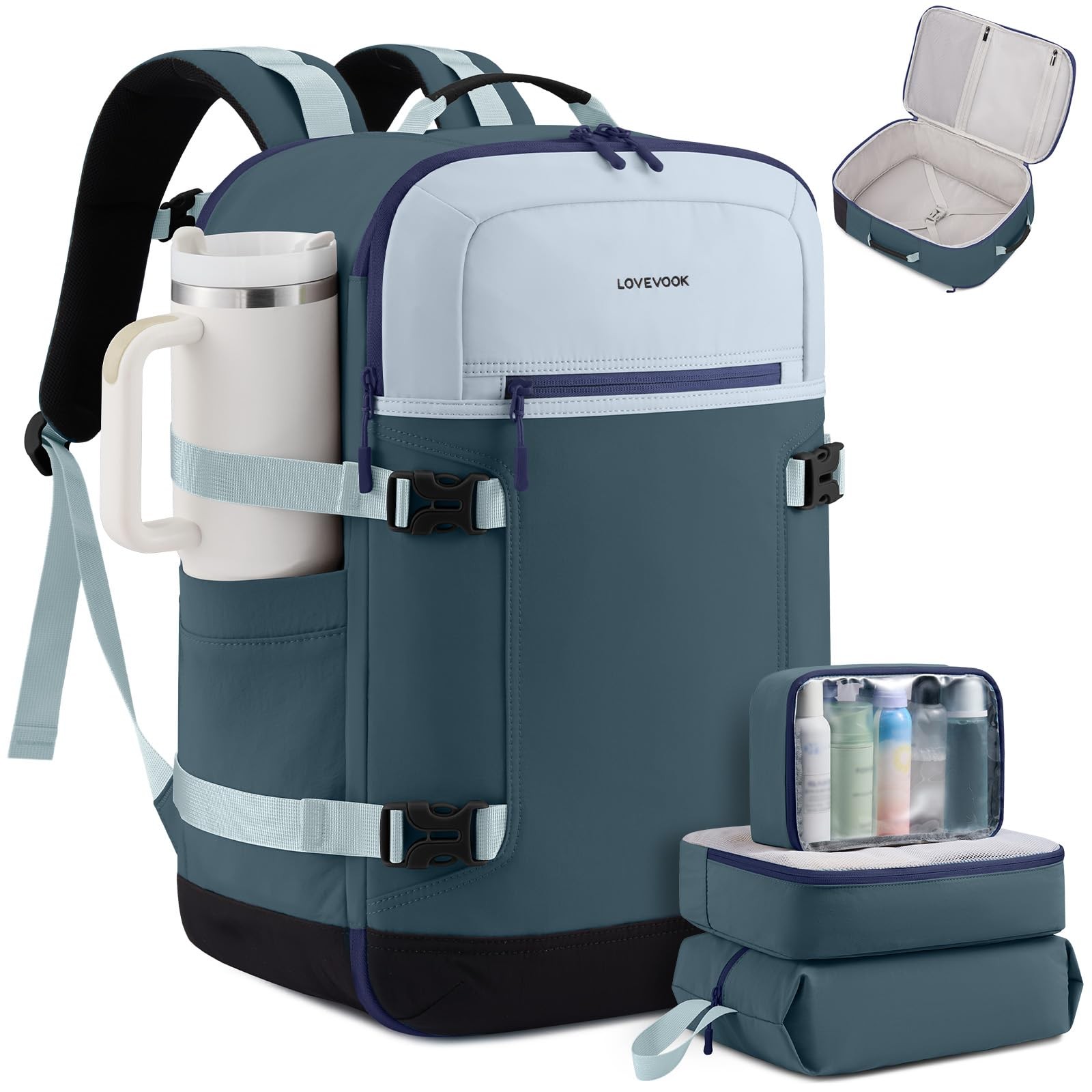 LOVEVOOK 40L Travel Backpack Large-40L-4Pcs, Light Blue - Lake - Black