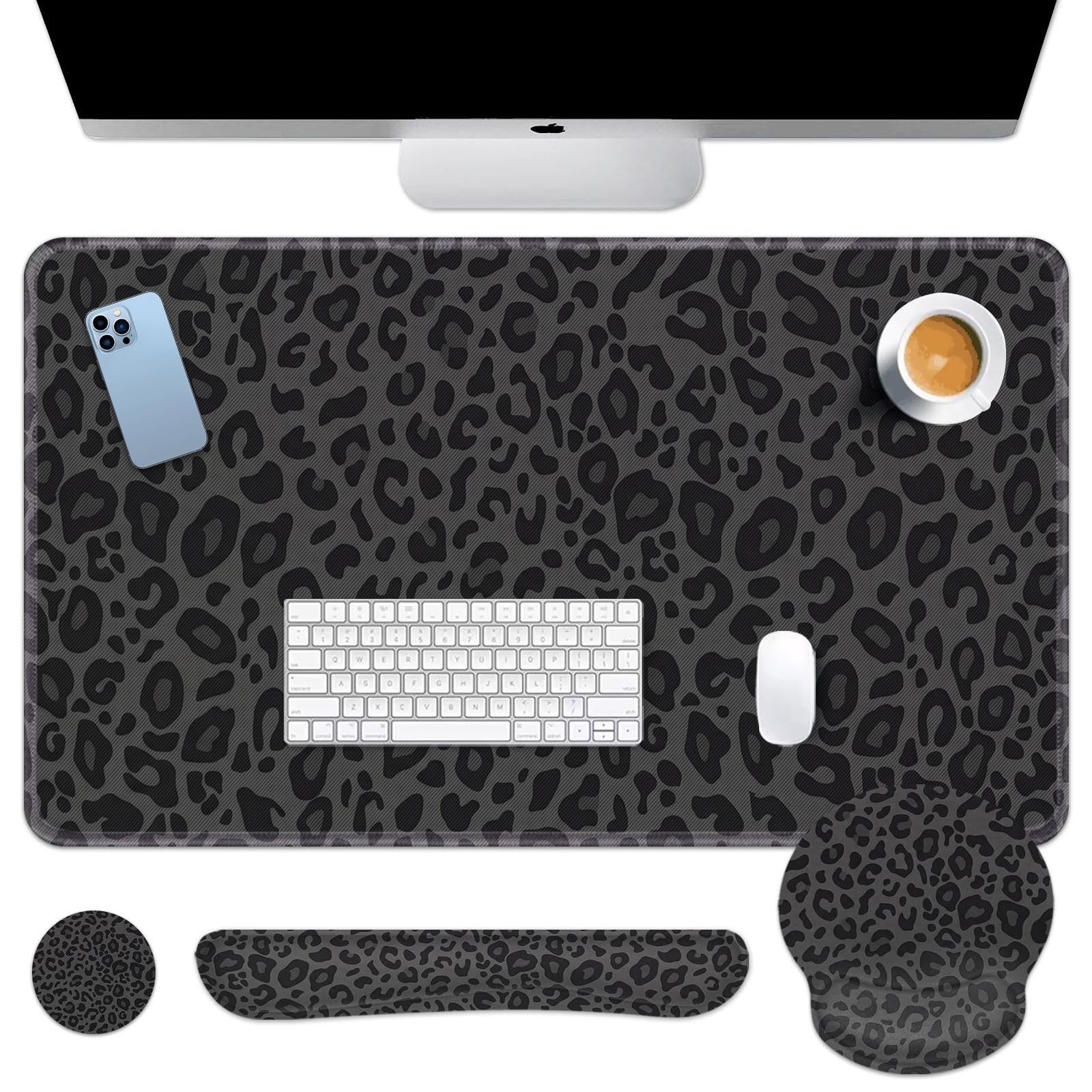 Arttown Keyboard Mouse Pad Set, 4 in 1 Desk Mat Set Leopard Black