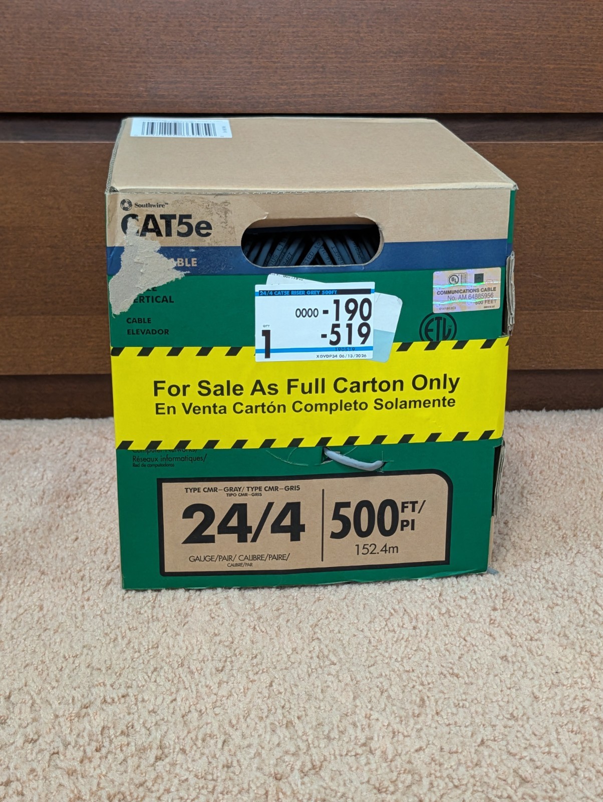 Southwire CAT5e 500 ft. 24/4 Solid CU CMR (Riser) Data Cable Ethernet - New Box