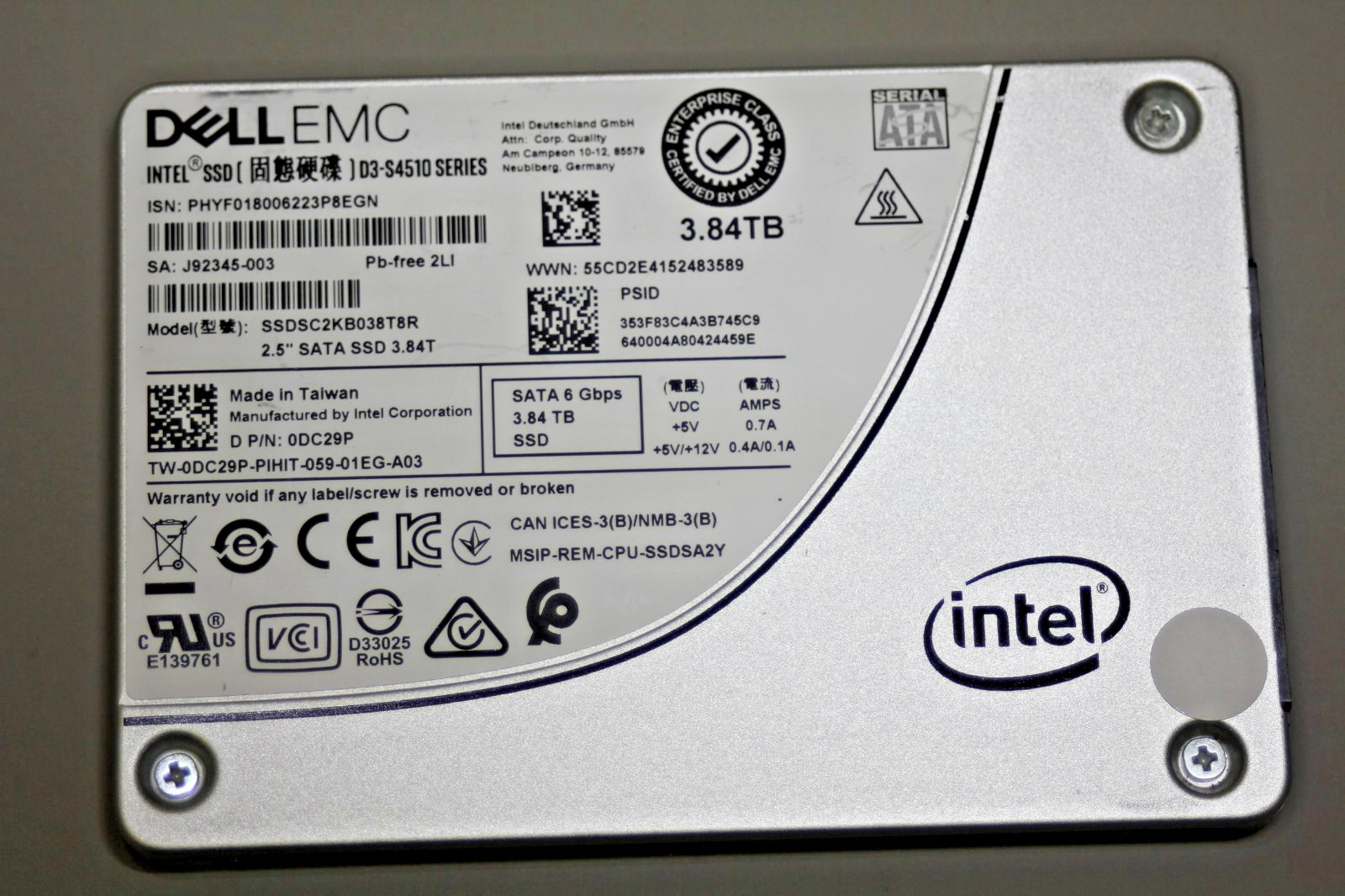 DC29P Dell Intel D3-S4510 3.84TB 2.5" SATA SSD 0DC29P SSDSC2KB038T8R 100% Health