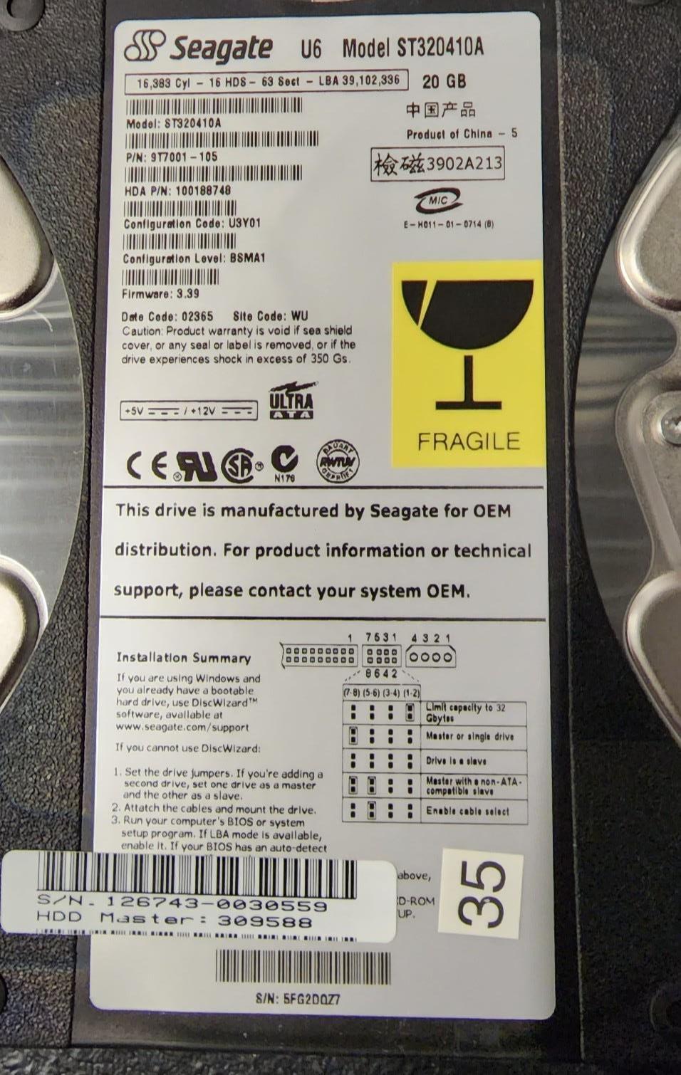 Seagate 9T7001-105 20 GB ST320410A Internal Hard Drive