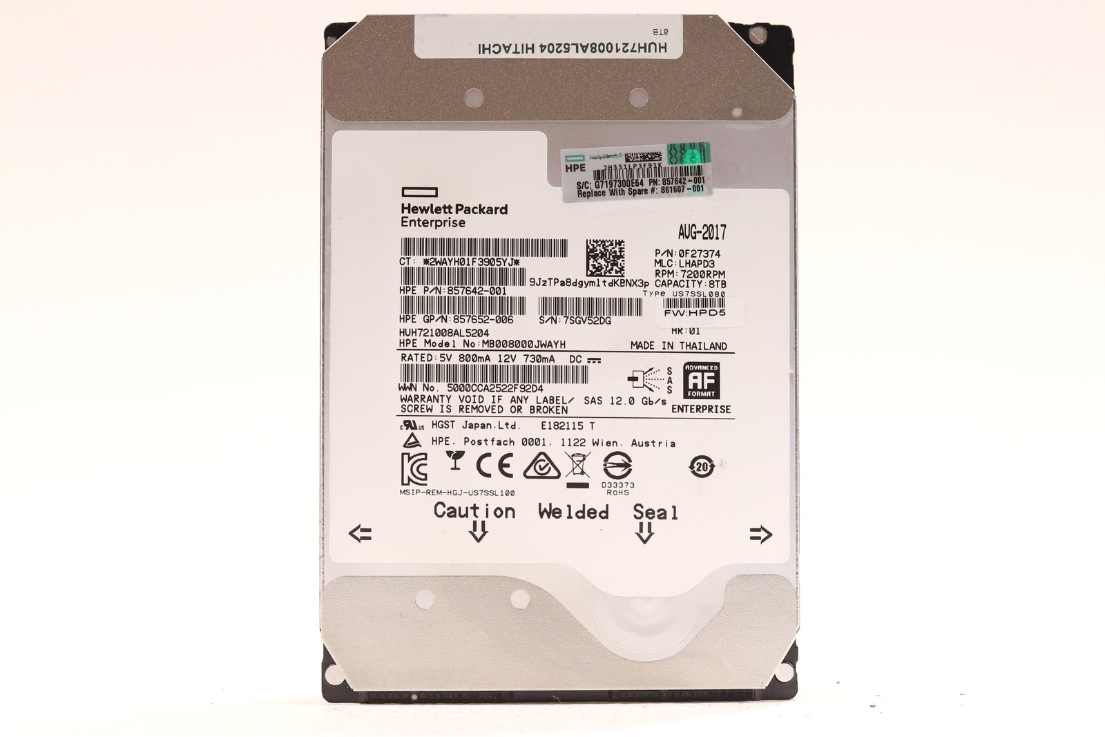 HPE HUH721008AL5204 8TB 3.5" 12Gb/s 7.2K RPM SAS Drive P/N: 857642-001 Tested