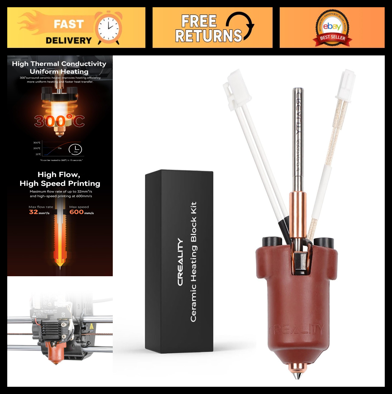 High-Performance 3D Printer Heating Block Kit, 300°C Nozzle, 600mm/s Speed, Fast