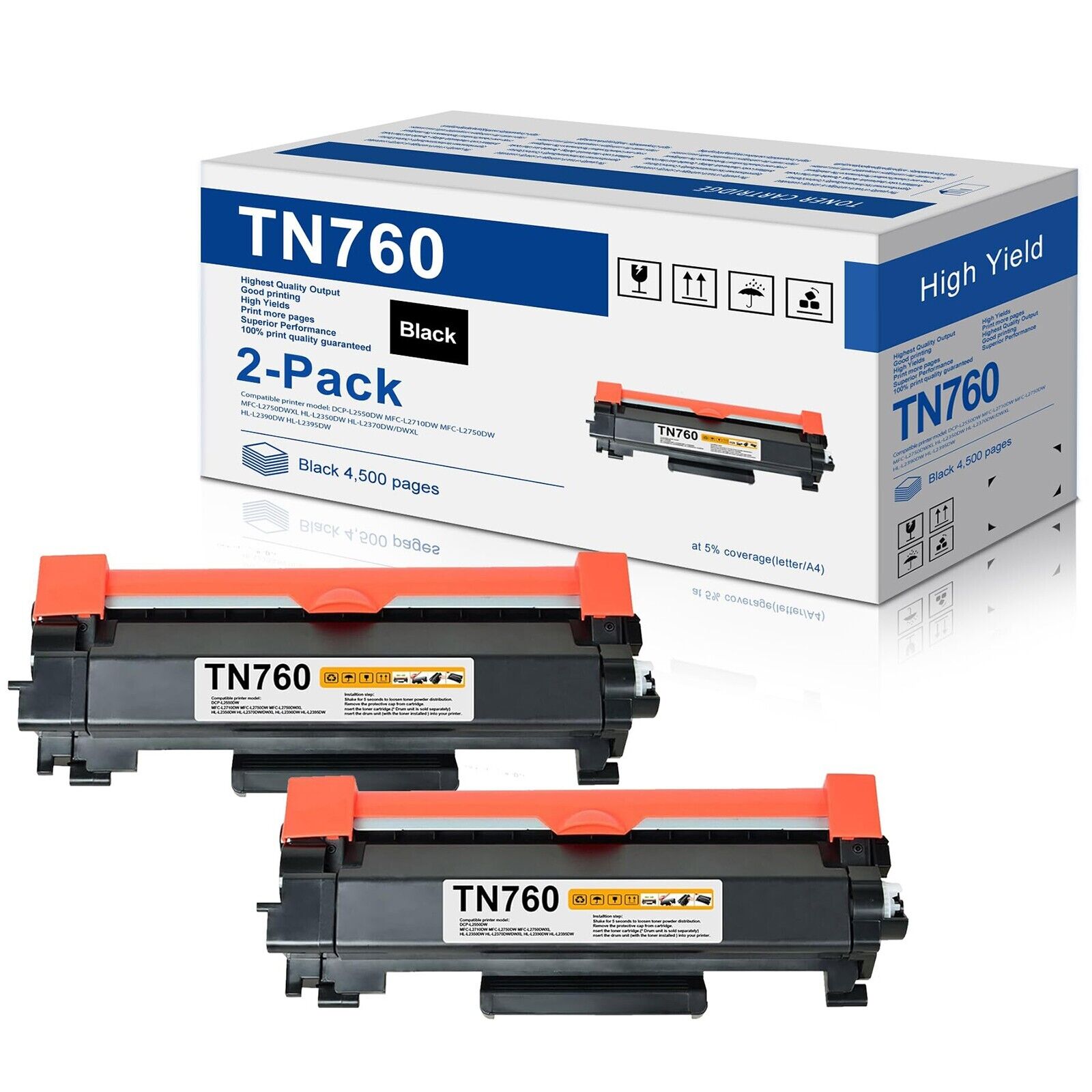 2BK TN760 High Yield Toner Cartridge Replacement for Brother DCP-L250DW Printer