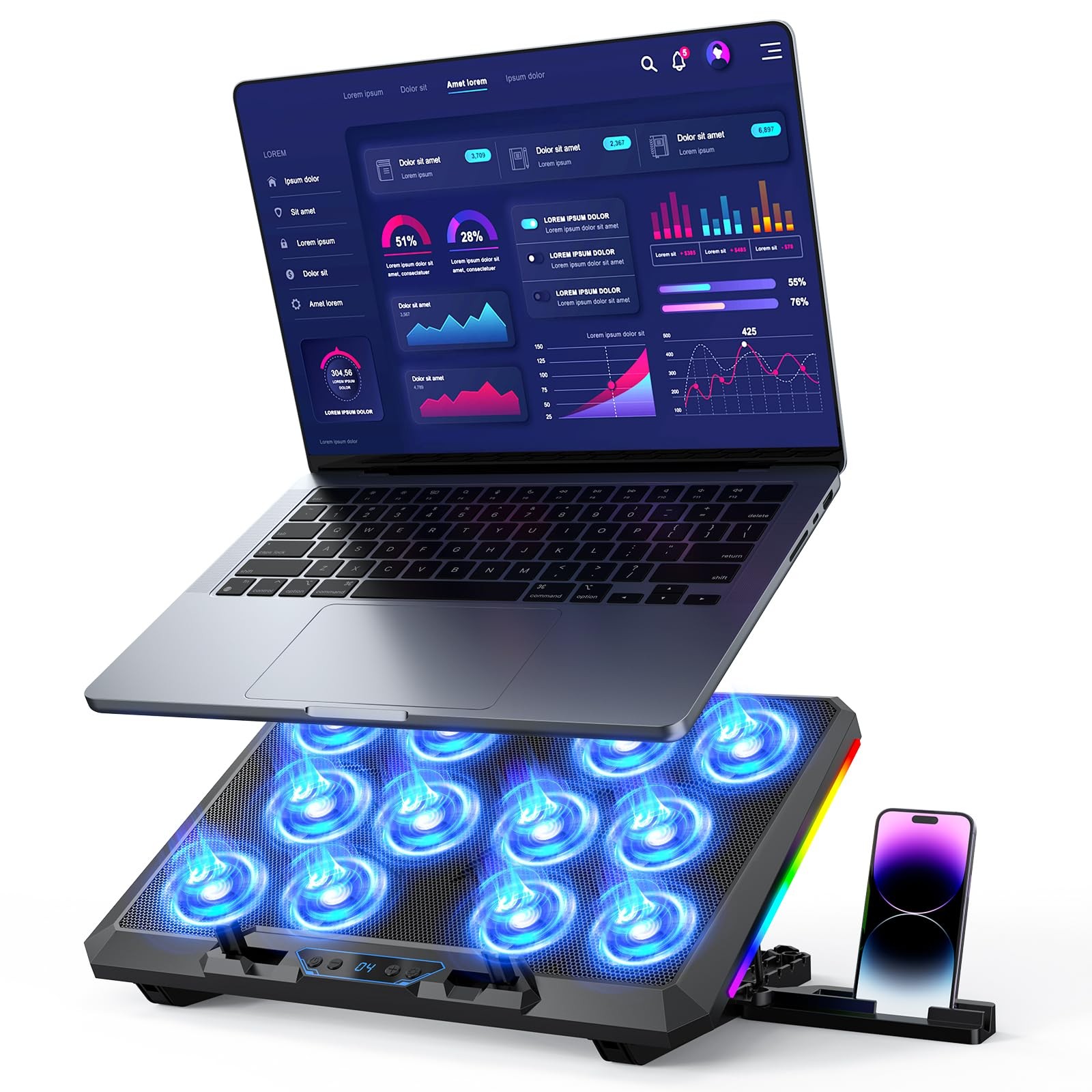 Trullypine Laptop Cooling Pad with 12 Quiet Fans, Slim 12Fan-LCD, F12Fan-LCD