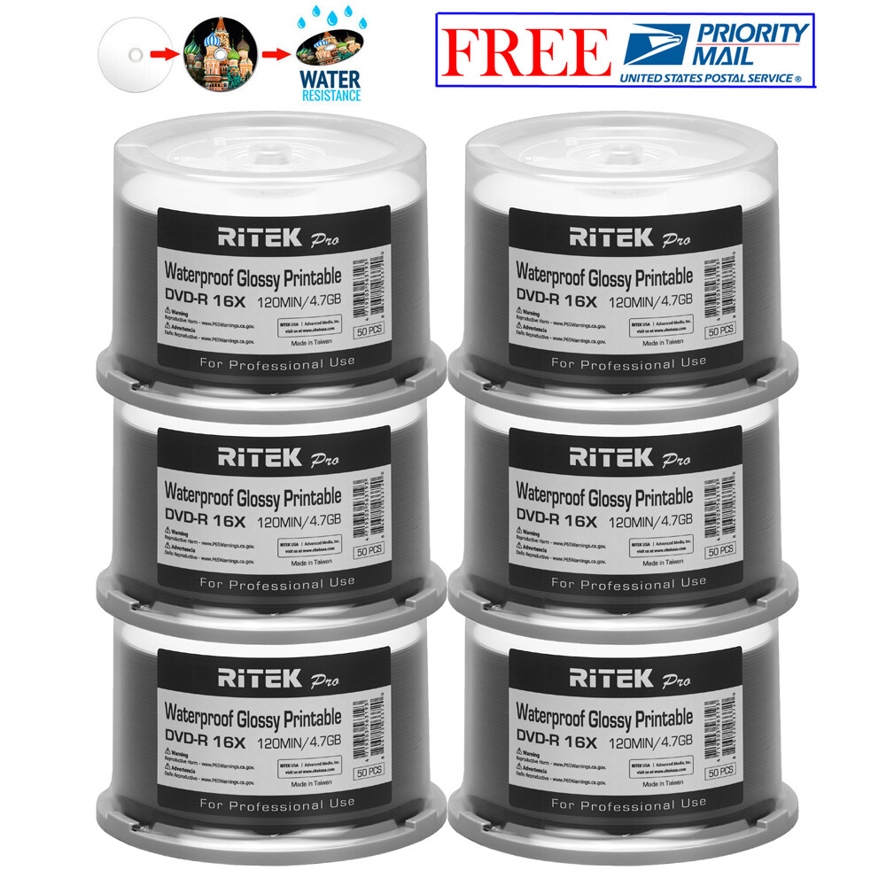 300 Ritek Pro DVD-R 16X 4.7GB Water Resistant Glossy White Inkjet Printable Disc