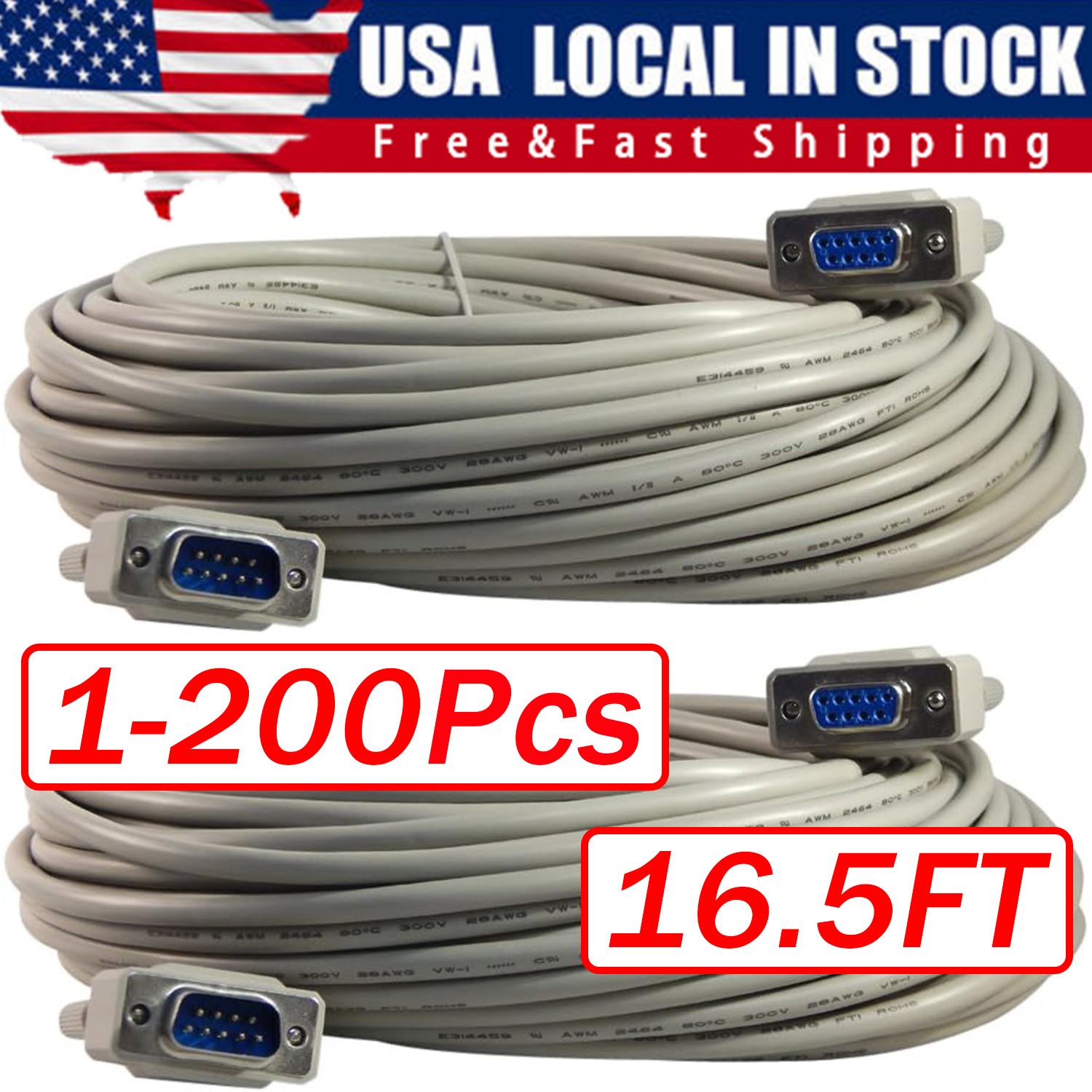 16FT DB9 RS232 Male to Female Serial Port Extension Cable Cord Lot
