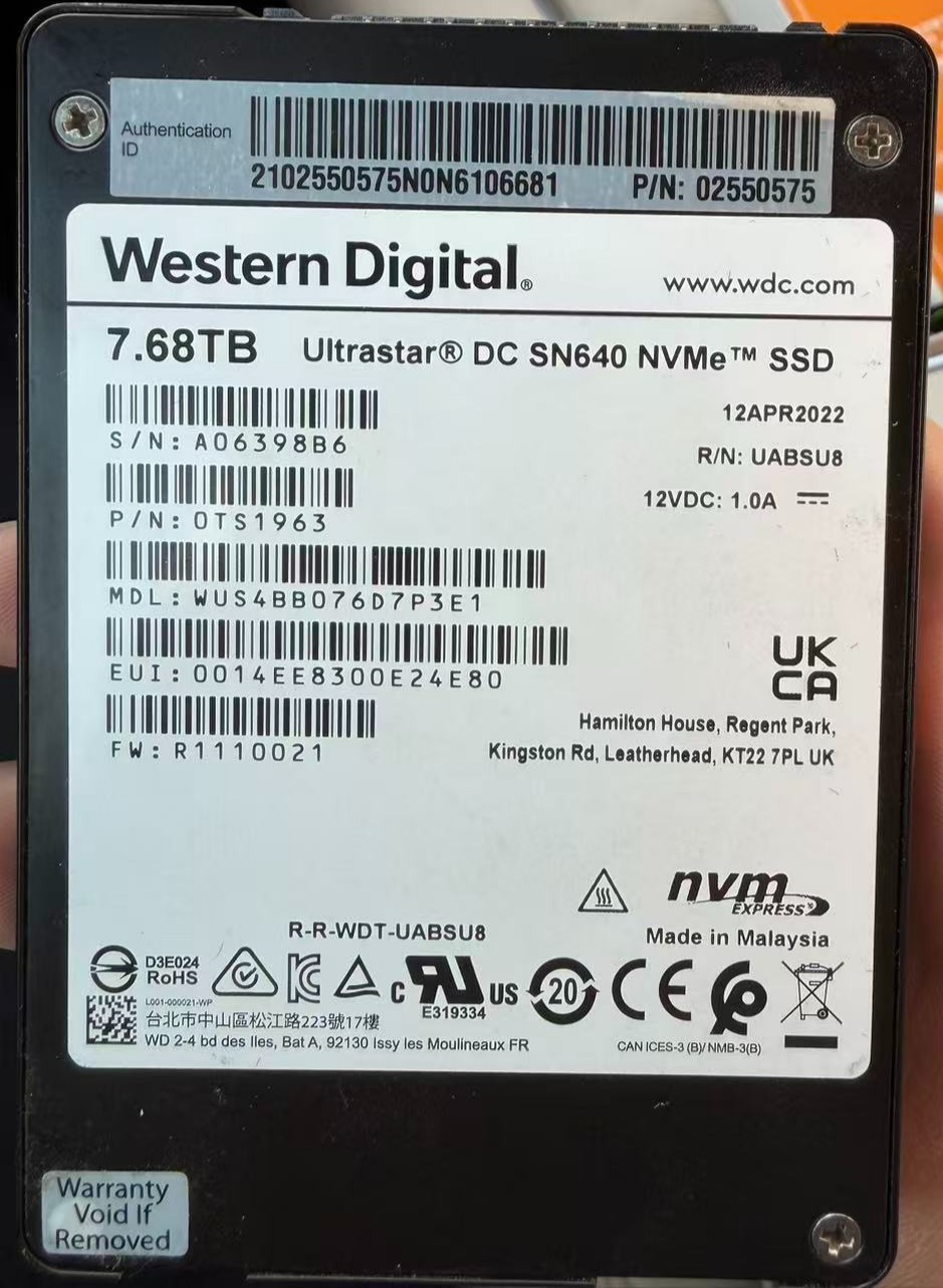 WD Ultrastar DC SN640 7.68TB NVMe 2.5in U.2 SSD WUS4BB076D7P3E1 - Used