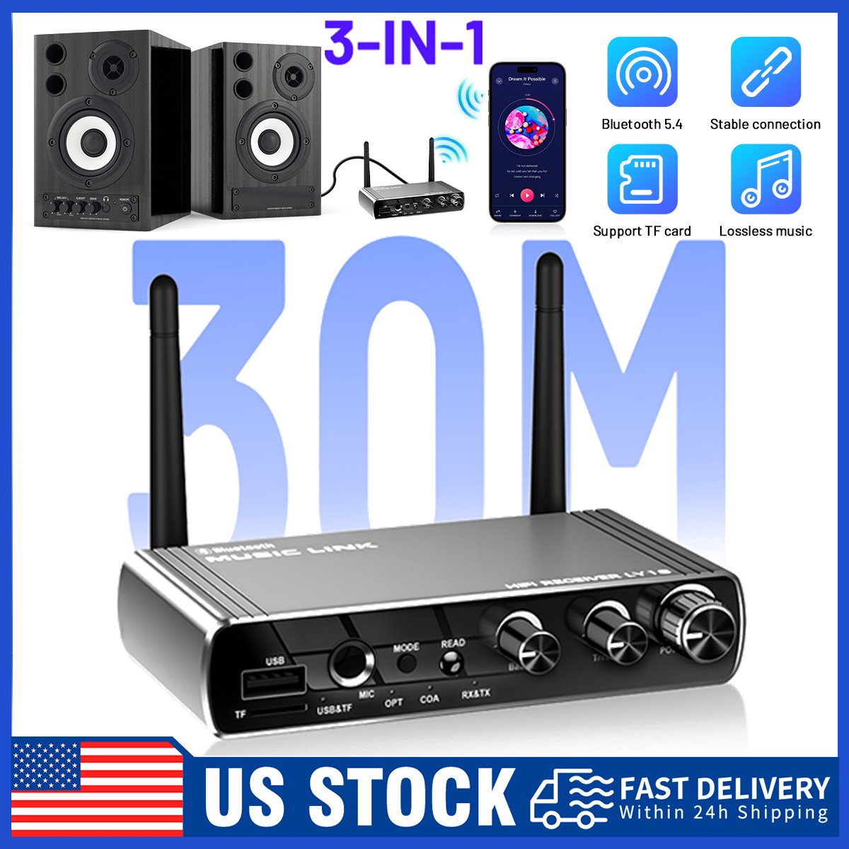 Bluetooth V5.4 Transmitter Receiver Long Range For TV Home Stereo Audio Adapter