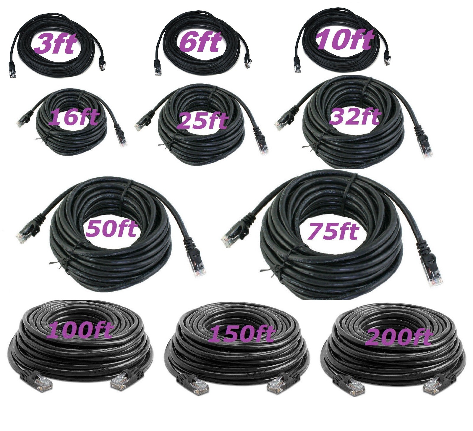 Cat5 CAT5e Rj45 Patch Cable Black Ethernet Lan Modem Ethernet LAN Network PC Lot