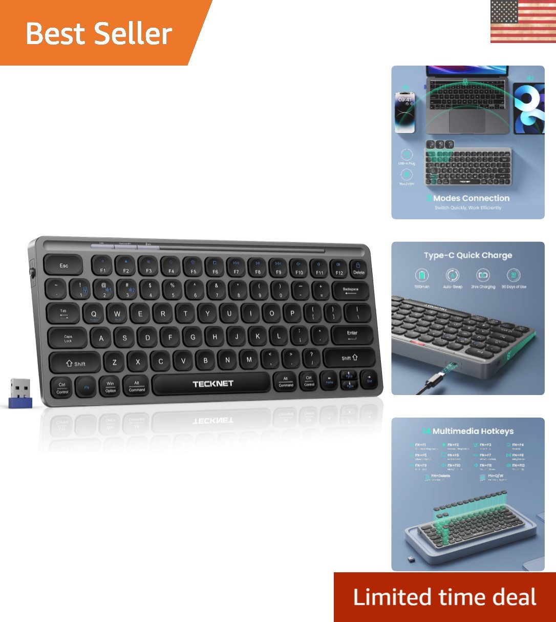 Quiet Bluetooth 5.0 Wireless Keyboard - Rechargeable & Multi-Device Compatible