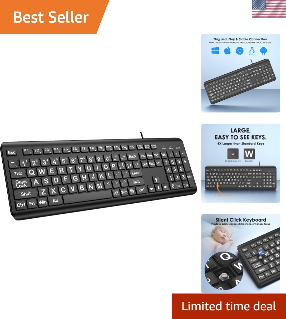 Large Print Computer Keyboard, Wired USB Full Size Quiet Keyboard with 4X Ove...