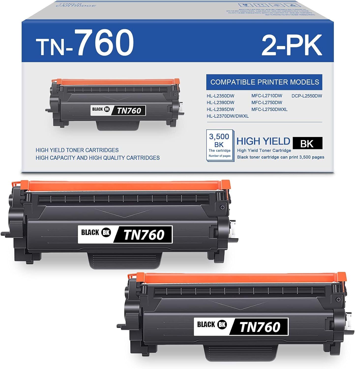 TN760 Toner Cartridge 2Black Replacement for Brother MFC-L2710DW DCP-L2550DW
