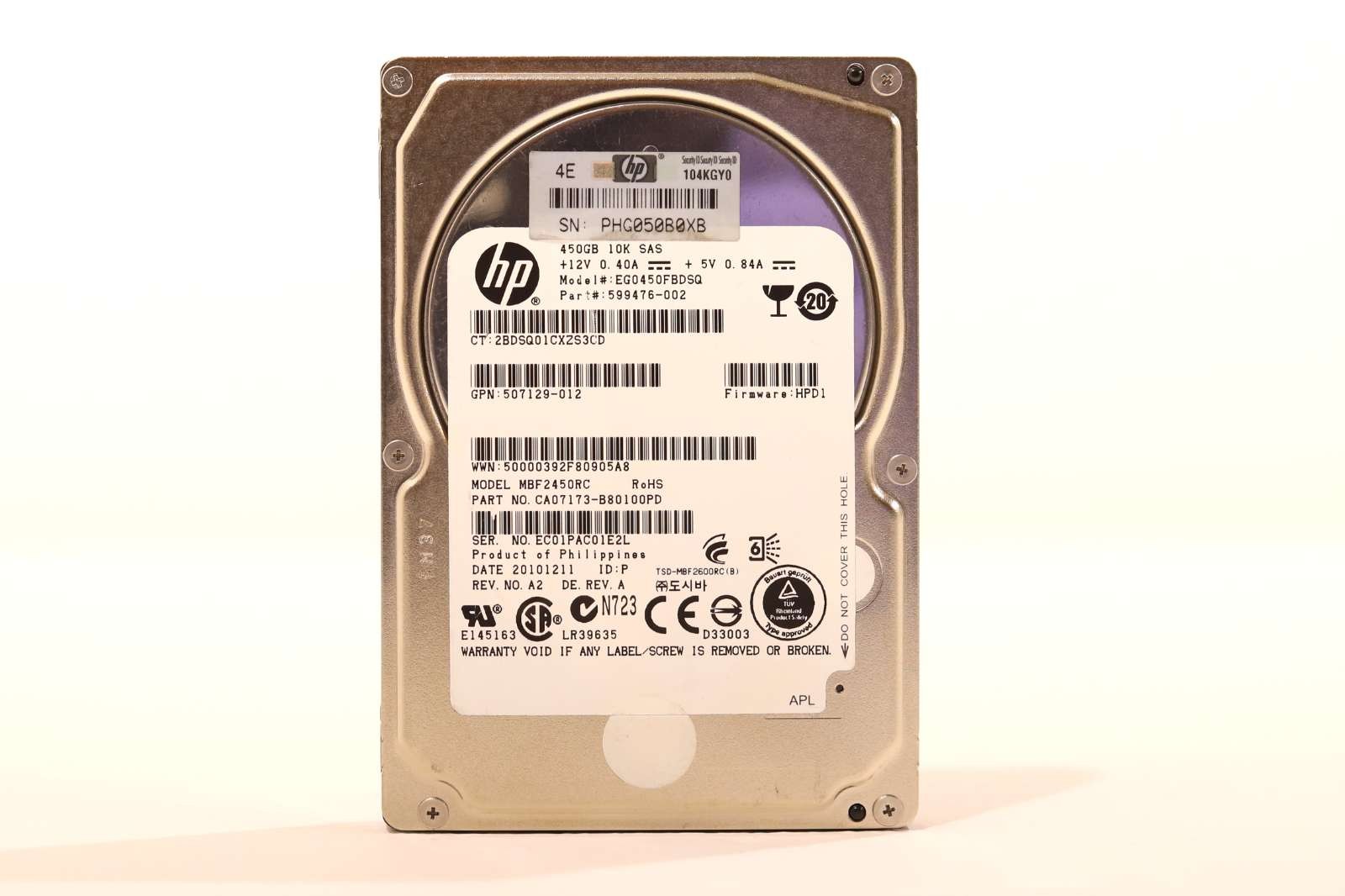 HP EG0450FBDSQ 450GB 2.5" 6Gb/s 10K RPM SAS Hard Drive P/N: 507129-012 Tested