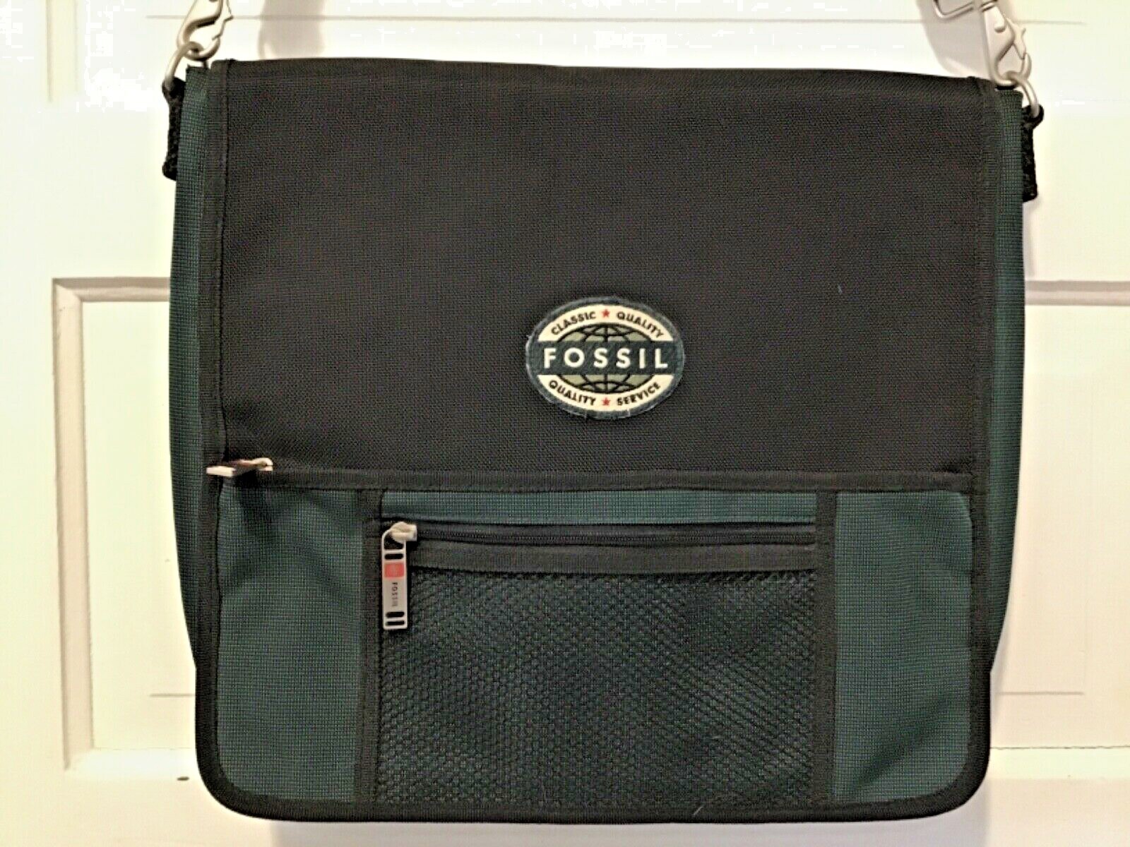  RARE Fossil Large Green Black Nylon Laptop Computer Tote / Messenger Bag/ Purse