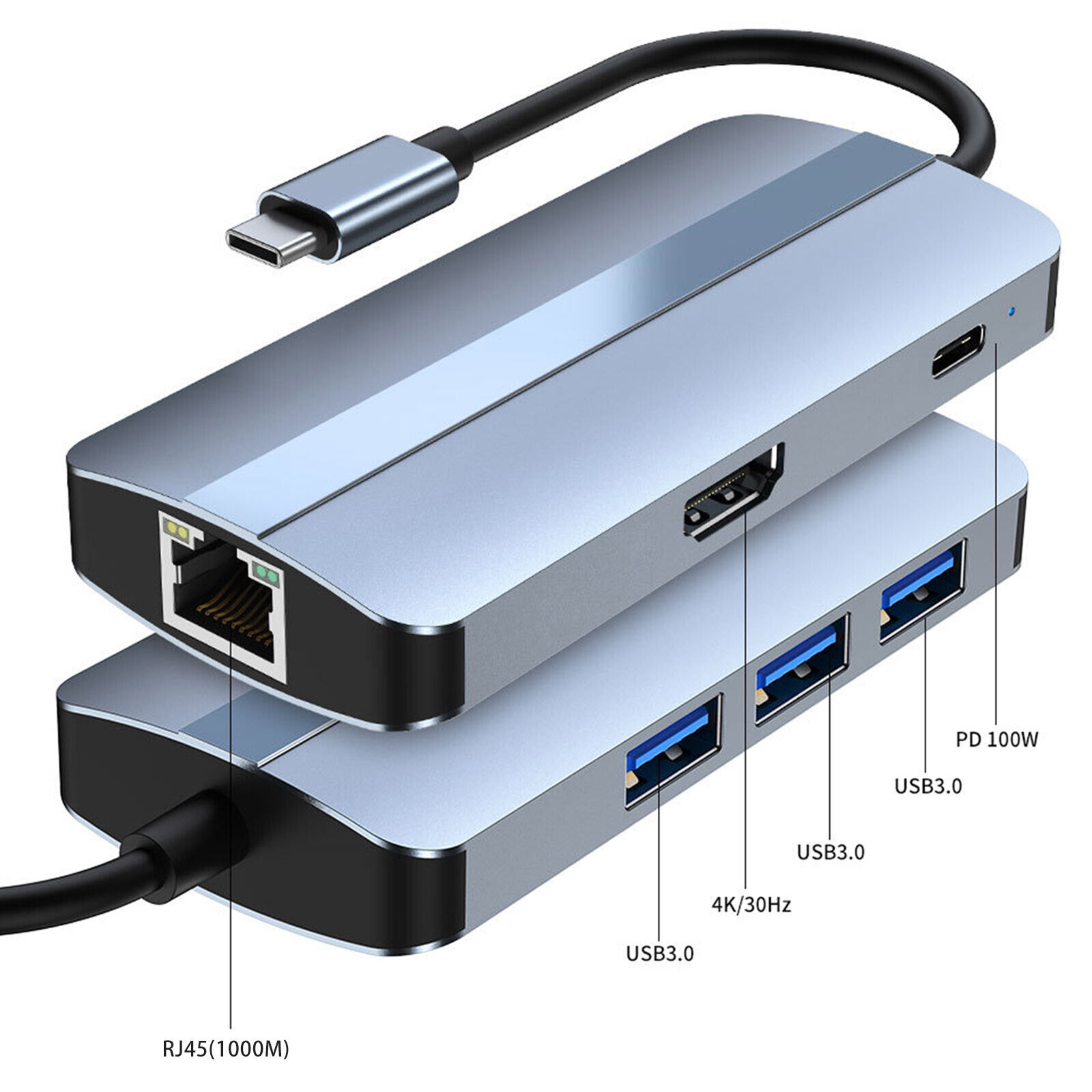 6-in-1 USB C Hub USB Type C to 3x USB 3.0 100W USB-C PD 4K HDMI RJ45 Adapter