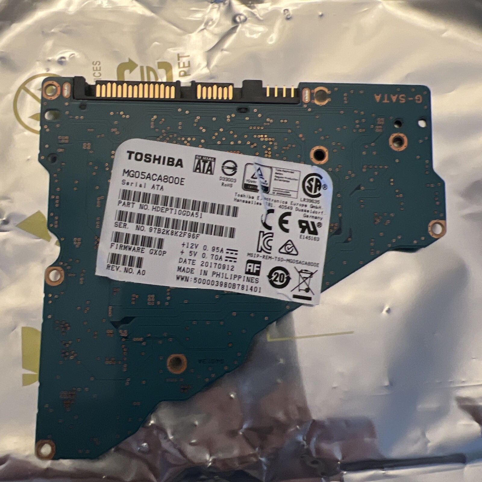 Toshiba HDD PCB SATA for MG05ACA800E G4013A P/N: HDEPT10GDA51, FW: GX0P,  Rev A0
