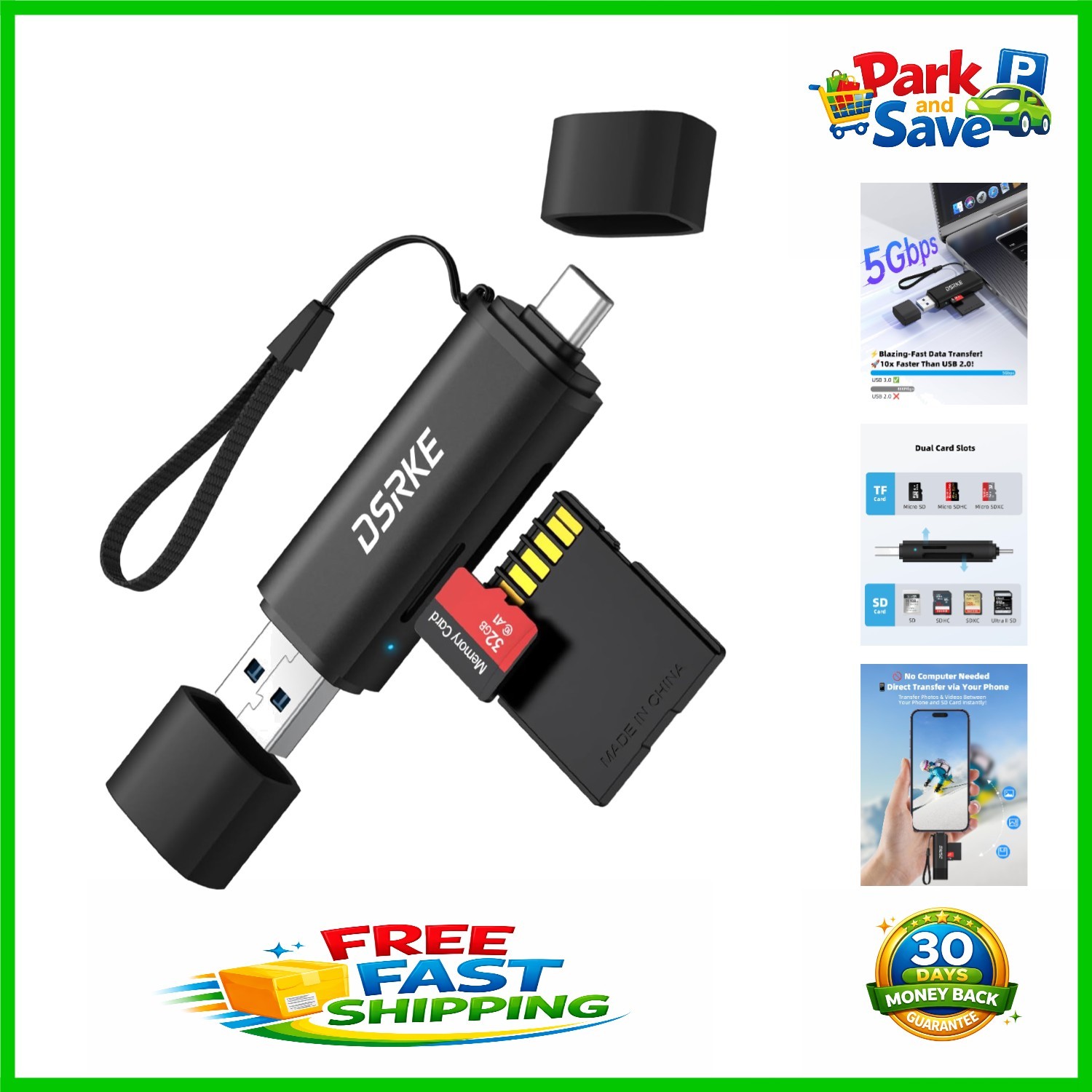 Aluminum Alloy Dual Slot Card Reader - USB C & USB 3.0 for High-Speed Transfers