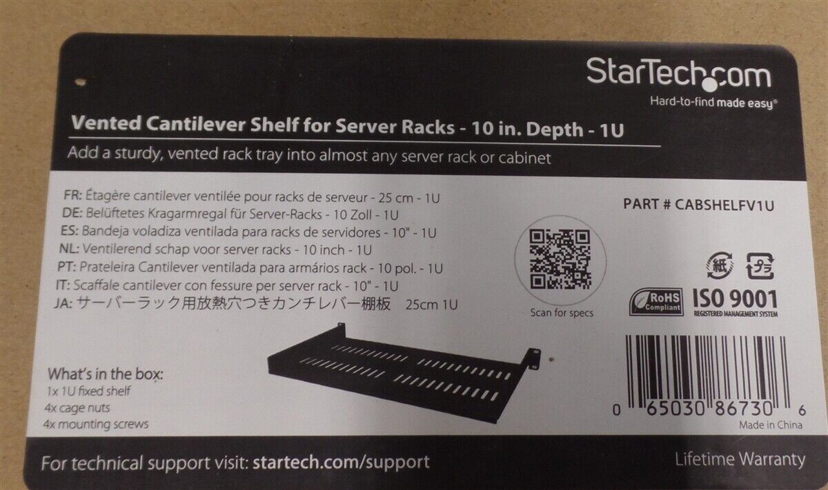 STARTECH CABSHELFV1U Vented Cantilever Shelf for Server Racks 10