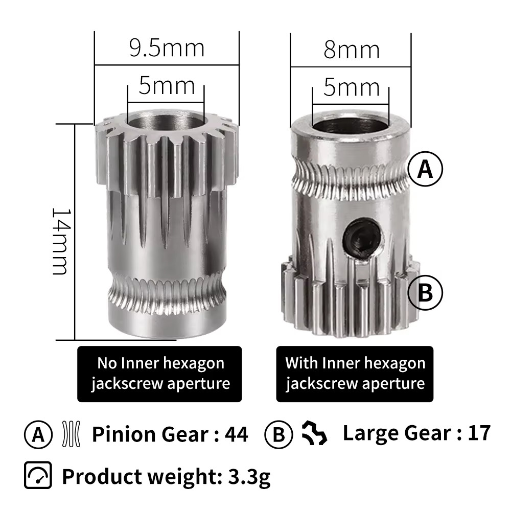Dual Drive Gear Set Hardened Steel 17T 44T Extruder Gears for BMG 3D Printer