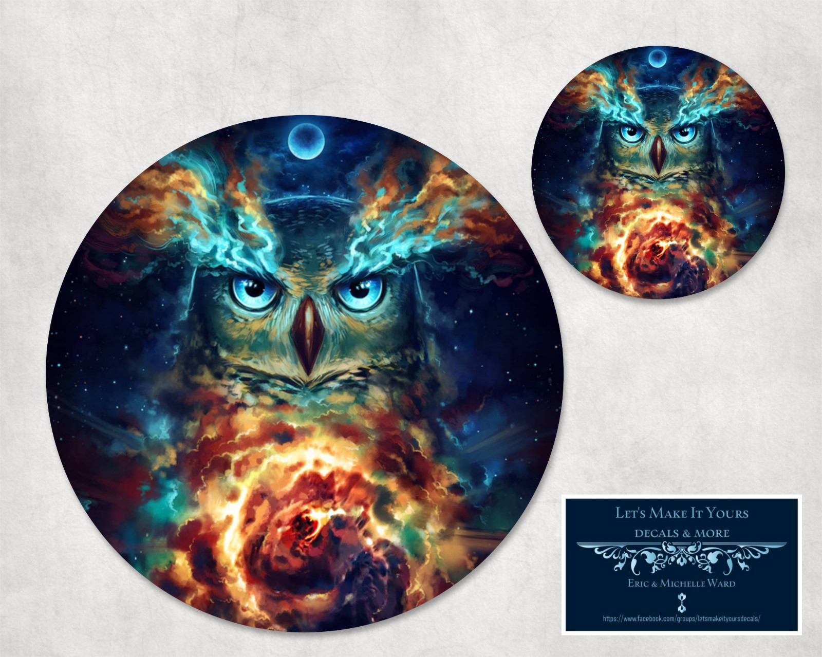 OWL GALAXY ART - CUSTOM ROUND PC MOUSEPAD DESK MAT & COASTER 2 pc GIFT SET