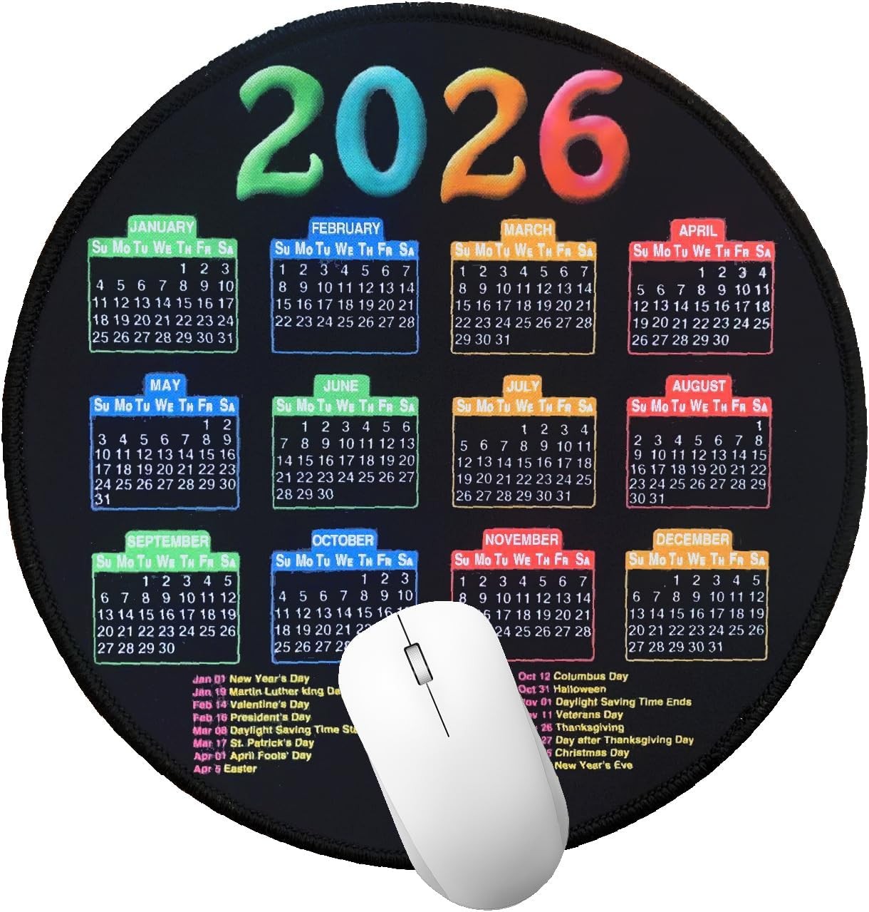 2026 Calendar Round Mouse Pad, Colorful Yearly Calendar Desk Mat with US
