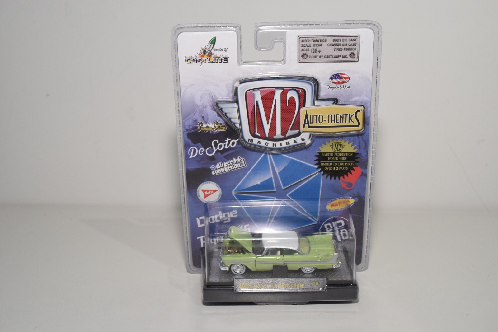 A94 1:64 3 INCH M2 1958 PLYMOUTH BELVEDERE R26 13-09 GREEN SEALED CARD