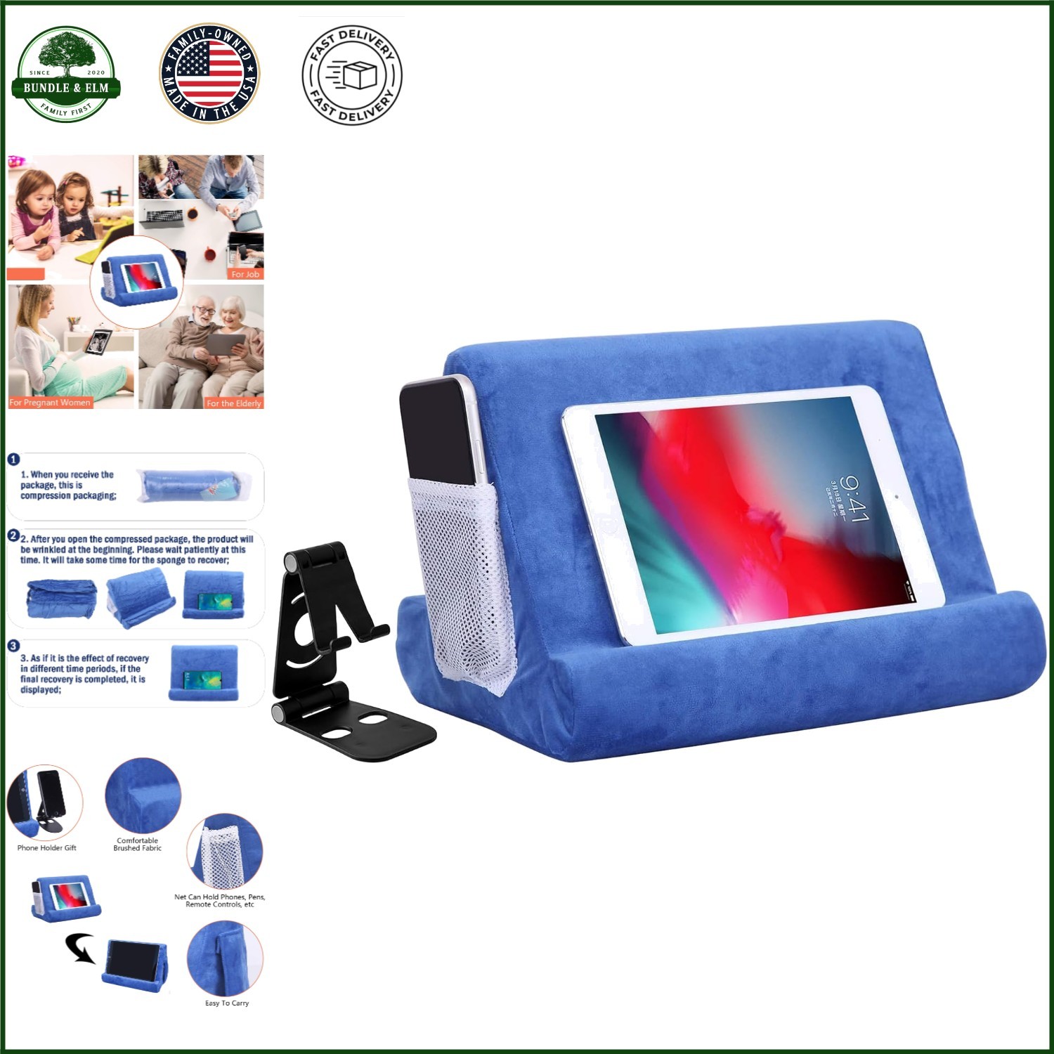 Multi-Angle Tablet Holder Stand Set with Mesh Pocket for Phones and Tablets