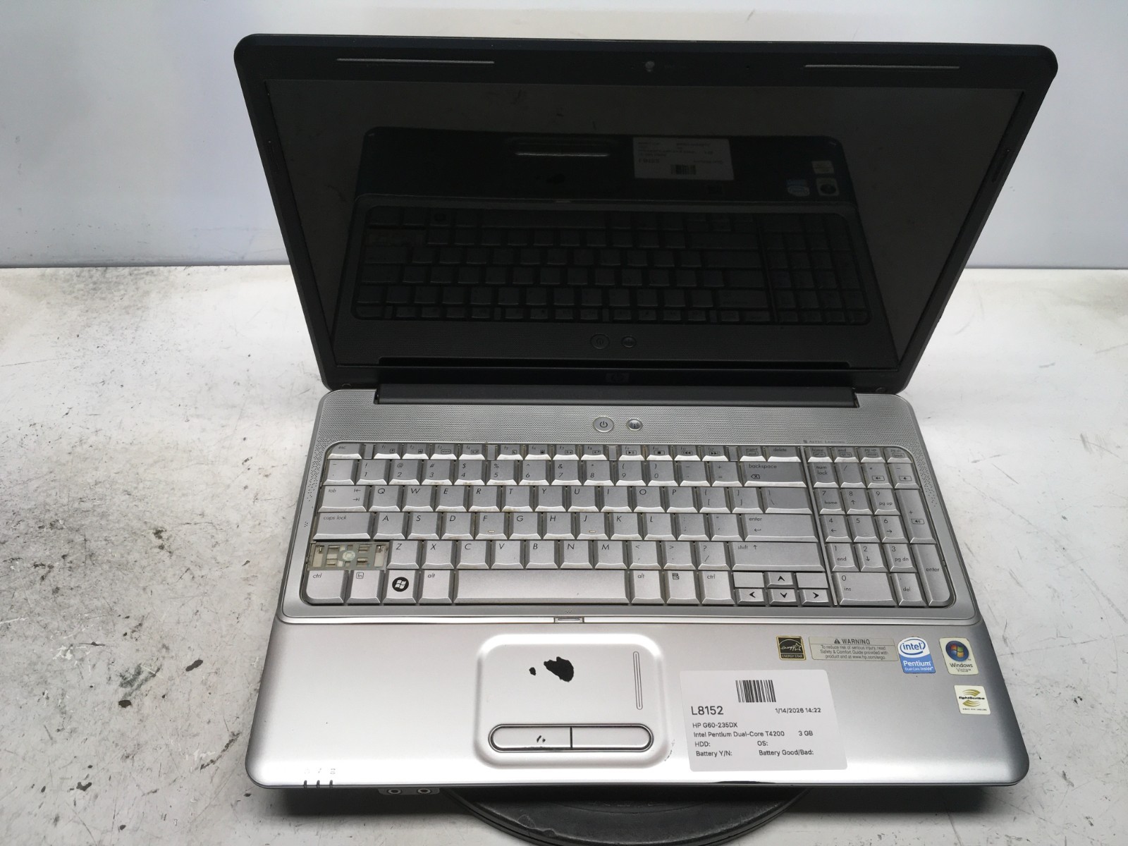 HP G60-235DX Intel Pentium Dual-Core T4200 2GHz 3 GB NO HDD