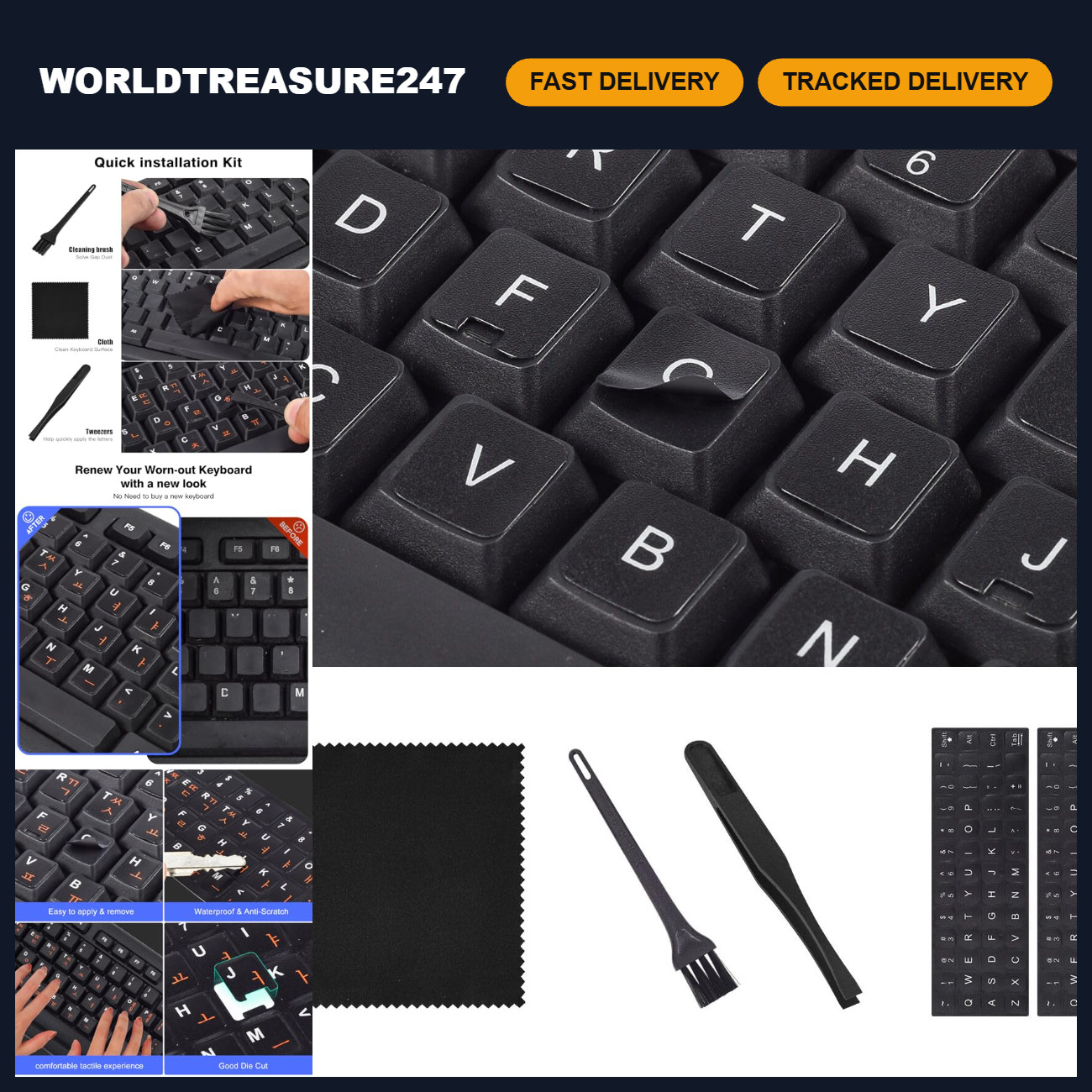 2PCS Universal English Keyboard Stickers with Tweezer - Black & White Lettering