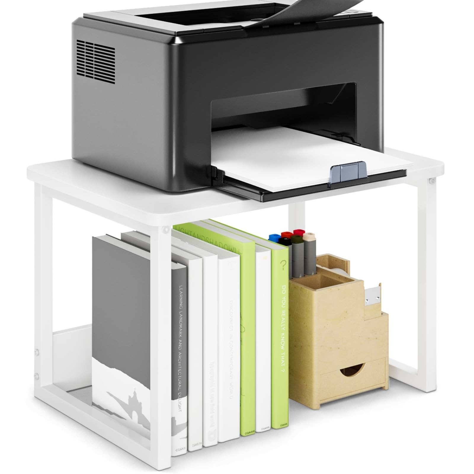 Desktop Printer Stand with Storage Desk Shelf Organizer Heavy Duty Riser White