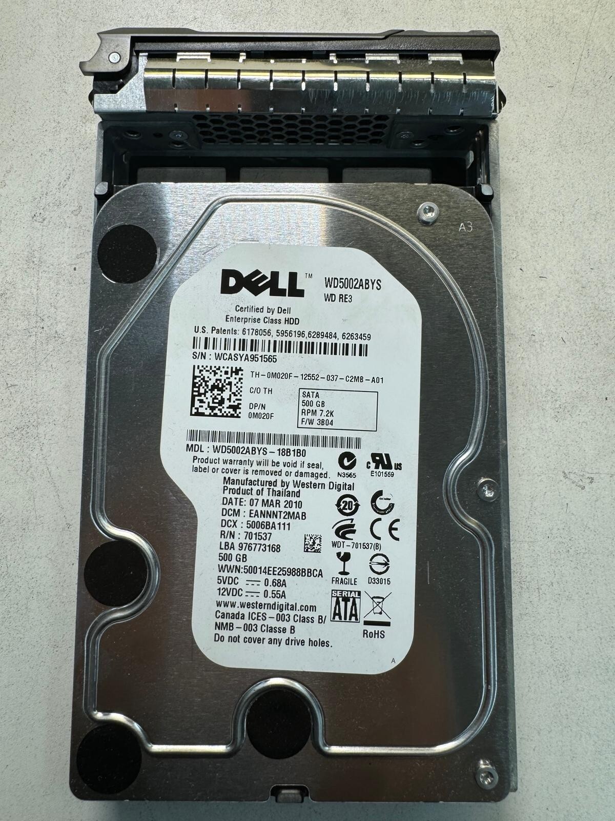 DELL M020F WD5002ABYS-18B1B0 701537 500GB 7.2K RPM 16MB CACHE 3 Gb/s SATA 3.5"