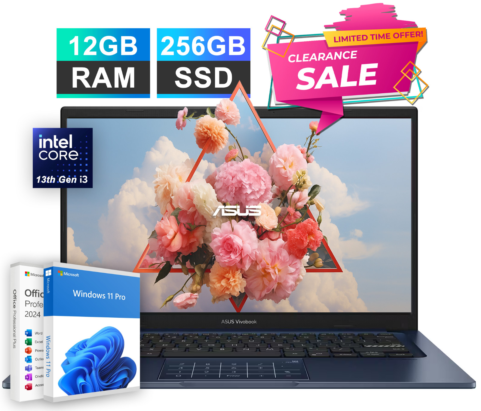 2026 ASUS Vivobook 14" FHD Laptop 13th Gen Intel i3 12GB RAM 256GB SSD Win11 Pro