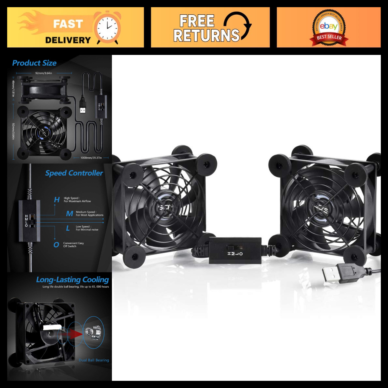 Dual 80mm USB Cooling Fan - Speed Control, 5V Portable for TV, Router, Xbox, PC
