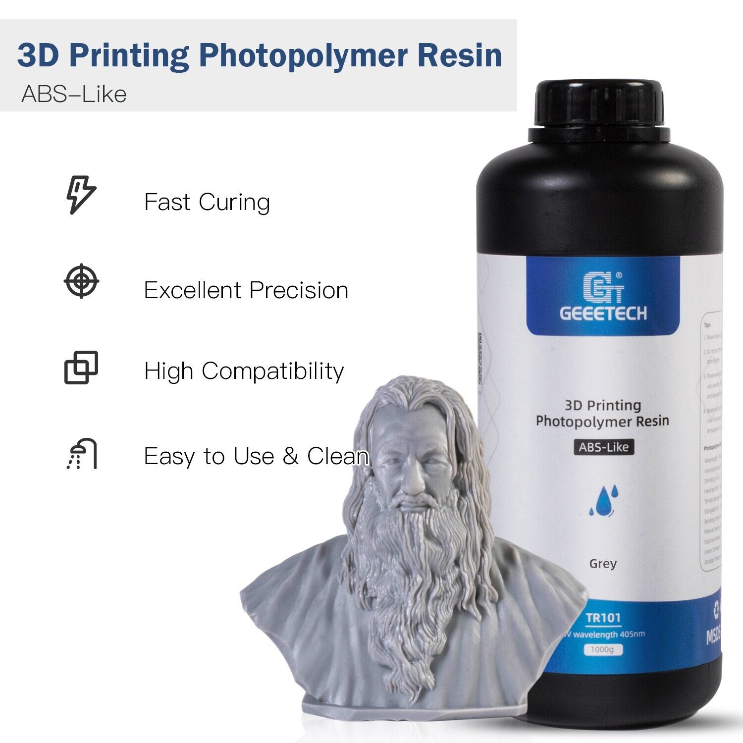 Geeetech ABS-Like Resin 3D Photopolymer Resin Gray 1kg for LCD/DLP 3D Printer
