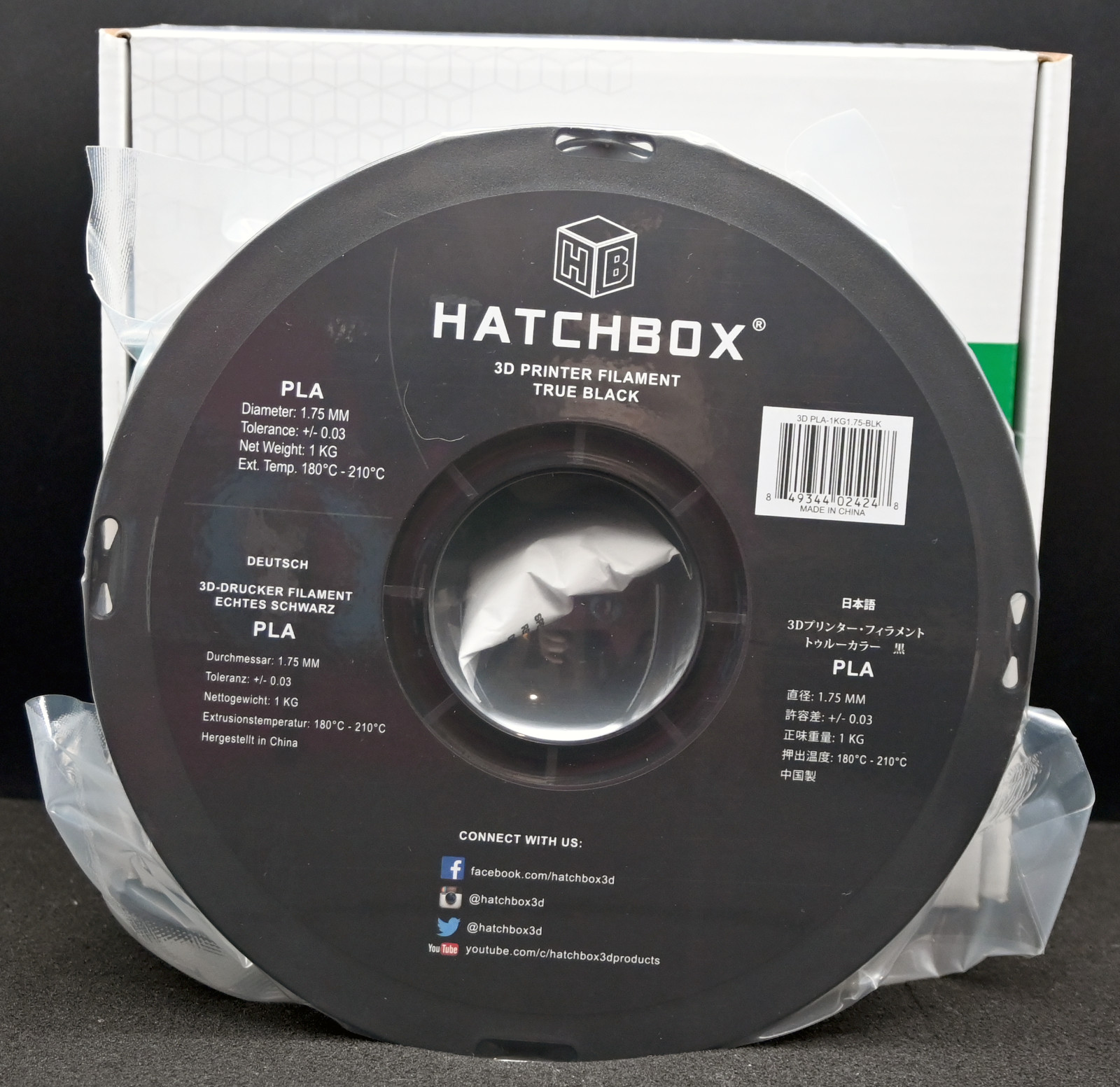 HATCHBOX 3D PLA-1KG1.75-BLK 1.75 mm -2.2lb Spool