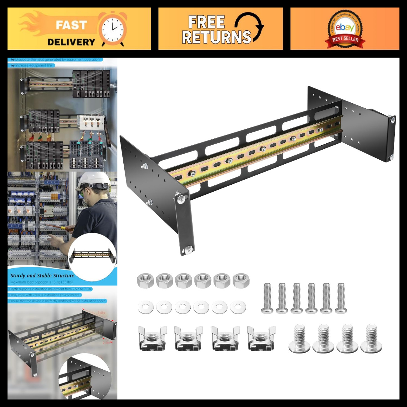 Adjustable 19" Rack Mount DIN Rail Kit for Depth Customization - Easy Installati