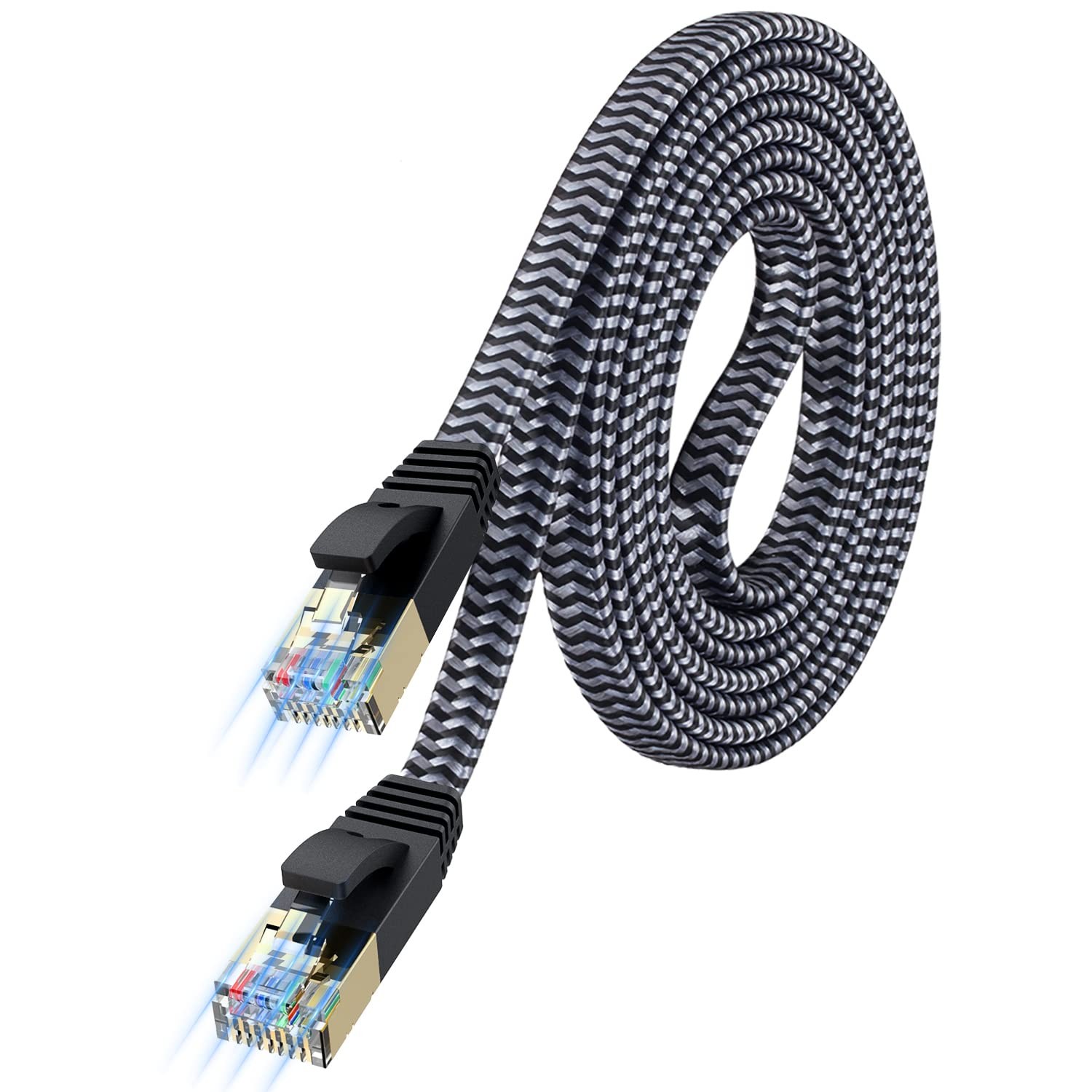 Cat 7 Flat Ethernet Cable 6.6FT,10Gbps,Braided,Shielded(3FT-150FT)
