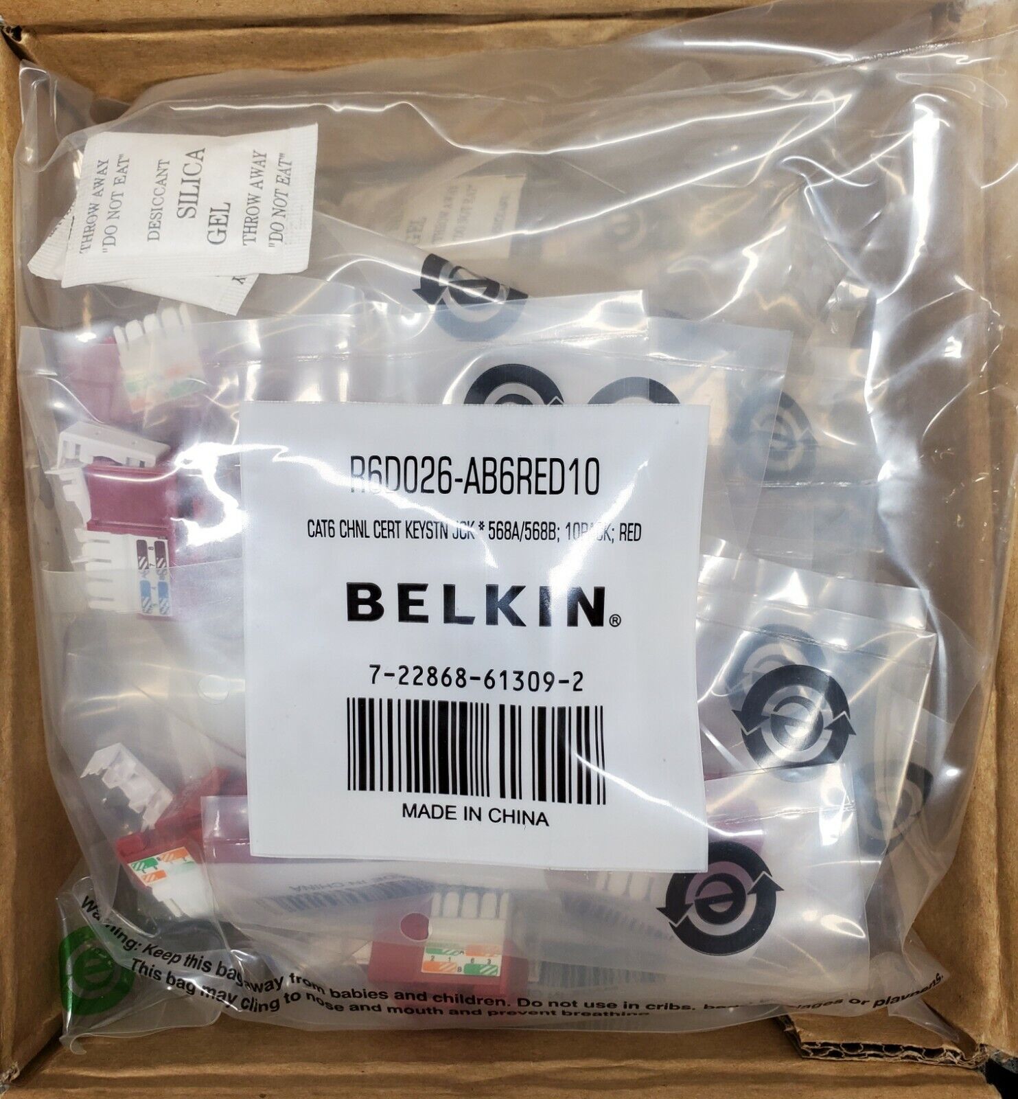 100 Belkin Cat6 RJ45 Channel Certified Keystone Ethernet Jack Red