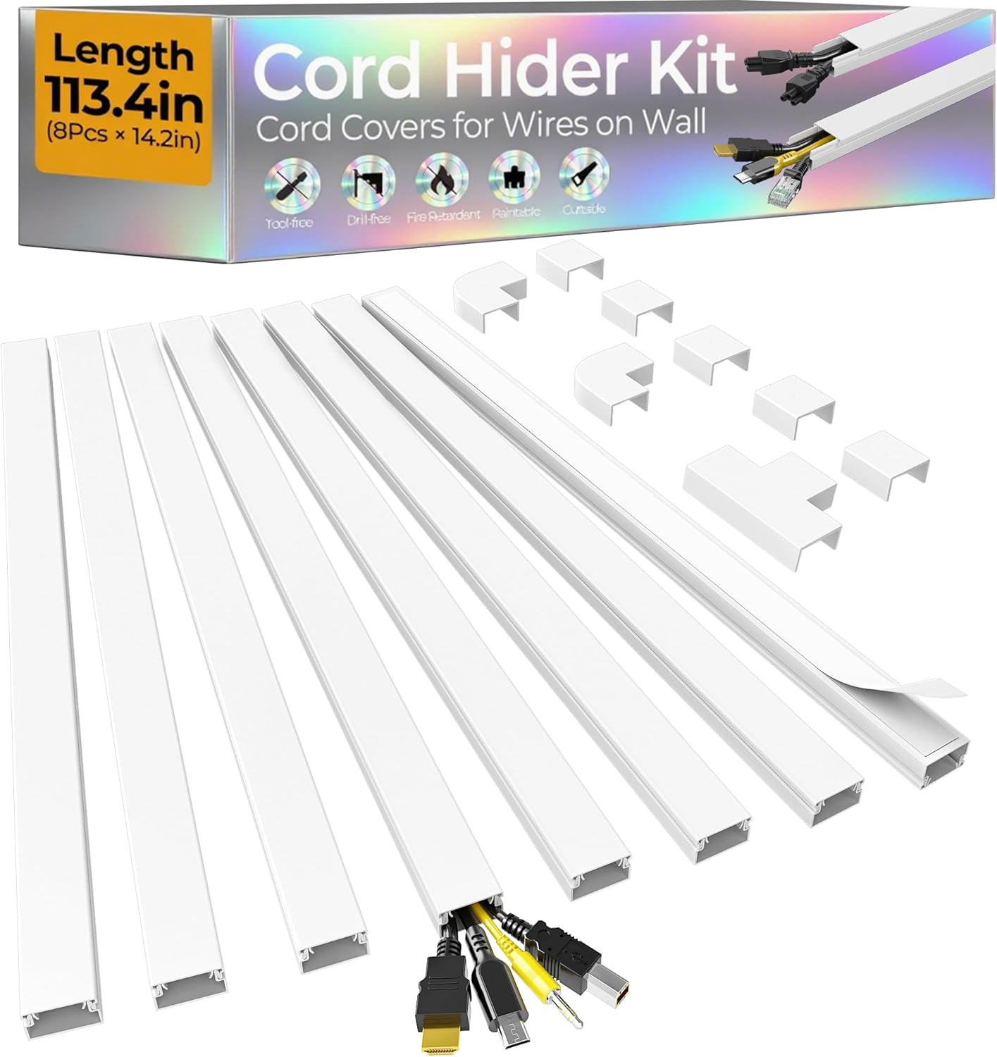 113.4in Cord Hider Kit, Cord Covers for 2-4 Wires on Wall, Self-Adhesive Cable H