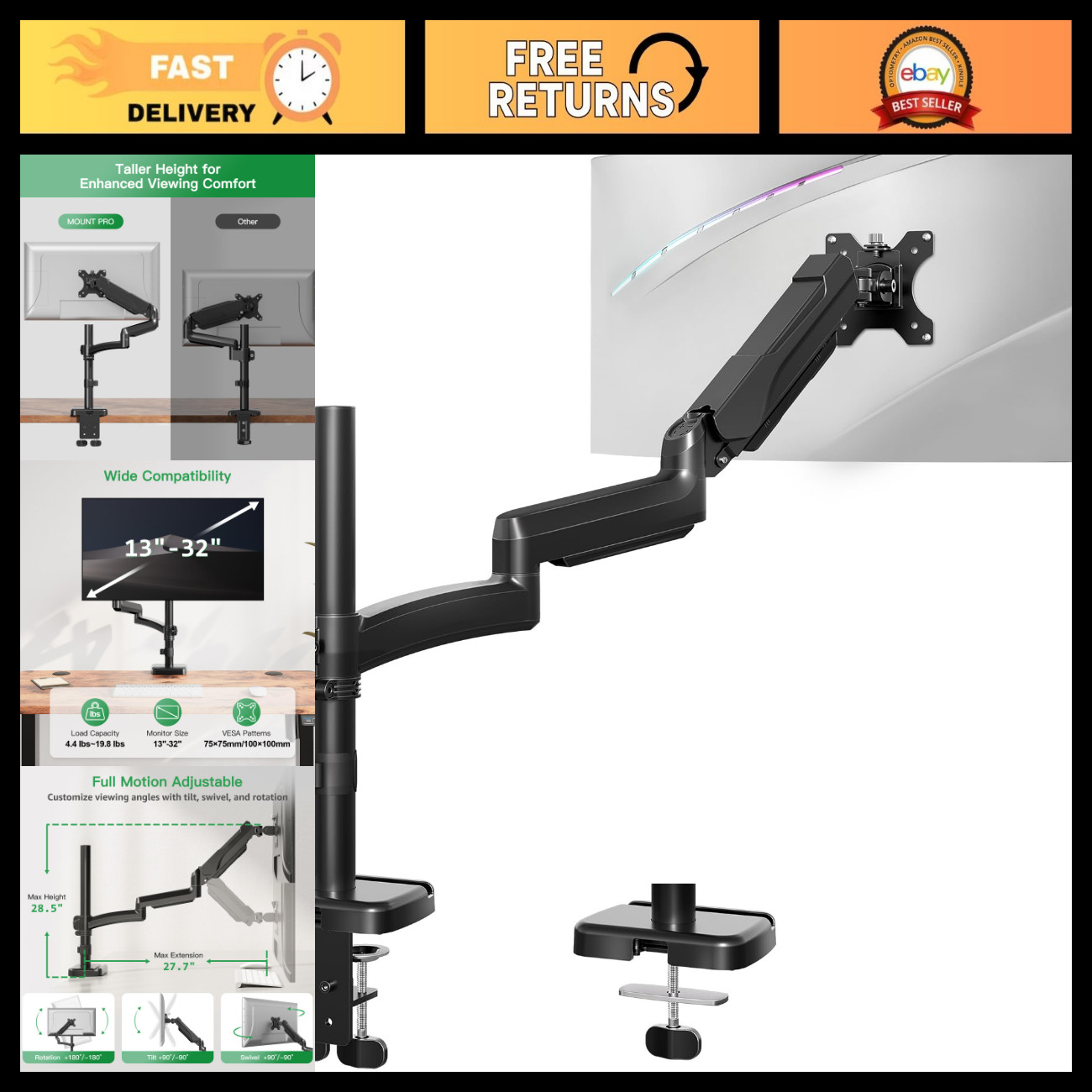 Adjustable Long Monitor Arm for 13-32" Screens, VESA Mount, Tilt & Swivel, Holds