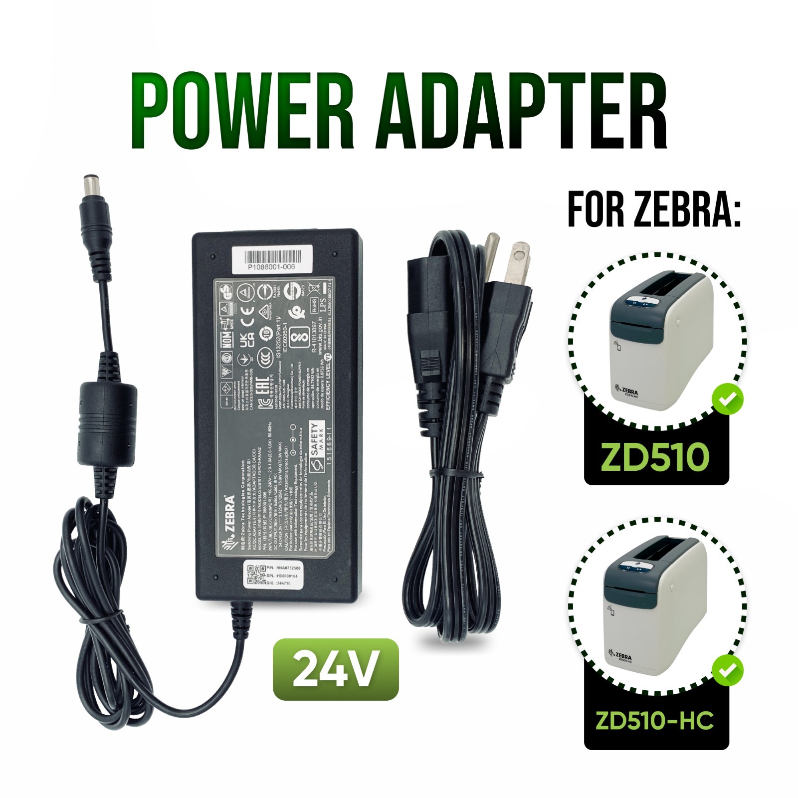 NEW Zebra Original AC Power Adapter for ZD510 ZD510-HC Thermal Label Printer