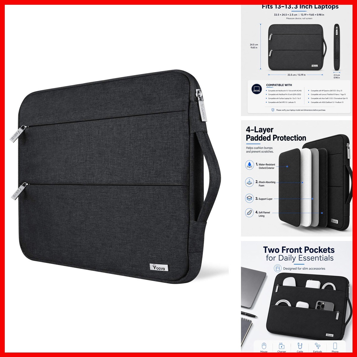 Voova 13.3-13 Inch Laptop Sleeve Case MacBook Black