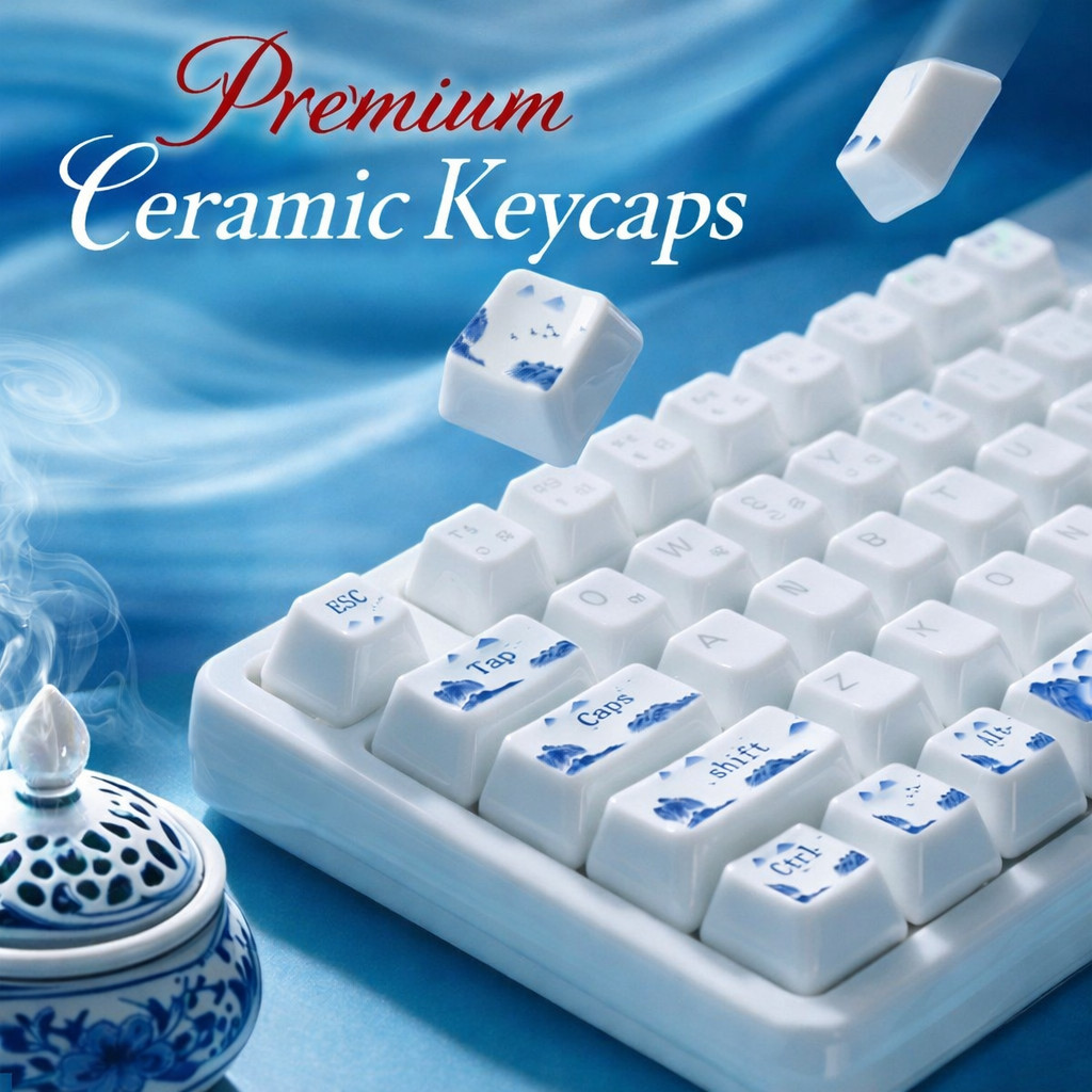 Ceramic Keycap Set Blue White Porcelain 114 Keys Luxury Mechanical Keyboard Keys